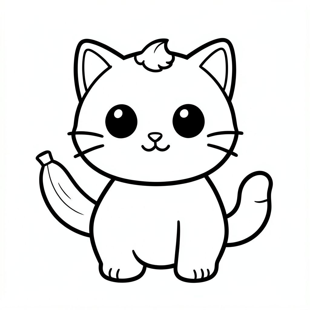 Mèo con với một quả chuối. Rõ ràng, sạch sẽ và có thể nhìn thấy. 
Nhân vật mèo con dễ thương với tỷ lệ cân bằng, thống nhất, nơi đầu, cơ thể và chân có kích thước đồng đều và kết nối hài hòa,  
tạo thành một hình dạng nhỏ gọn, gắn kết thay vì tỷ lệ đầu và cơ thể phóng đại; nhân vật có hình dáng tròn trịa, mịn màng,  
có đôi mắt lớn tròn màu đen đặt cách nhau rộng với điểm nổi bật nhỏ màu trắng, mũi hình bầu dục nhỏ và miệng cười cong nhỏ (hình chữ "W" nhẹ), 3 bộ râu ngắn ở mỗi bên.  
cùng với đôi má mũm mĩm mềm mại cho một biểu cảm dễ thương; tai là những hình tam giác tròn nhỏ nằm ở hai bên trên cùng của đầu, và một 
một búi tóc cong nhỏ đơn được đặt chính giữa ở trên; cơ thể đơn giản và hình bầu dục nhưng cân đối với đầu, với đôi chân rất ngắn 
hòa quyện tự nhiên vào hình thức, và bàn chân tròn nhỏ với các đường ngón chân tối thiểu; đuôi ngắn và cong nhẹ sang một bên gần cơ thể;  
Thiết kế tổng thể sử dụng các cạnh sạch sẽ, mịn màng, sắc nét với các đường viền đậm rất dày, các chi tiết bên trong tối thiểu và duy trì rất đơn giản, thân thiện với trẻ mới biết đi,  
Phong cách hoạt hình dễ thương và dày dặn, cho phép nhân vật thích ứng tự nhiên với các hoạt động và tư thế khác nhau trong khi vẫn giữ cho tất cả các tính năng nhất quán. 
Mỗi trang nên có mèo con dễ thương với một số chi tiết bổ sung theo hình minh họa hoạt động. 
đường viền đậm dày với các đường nét bên trong tối thiểu. 
Không gian mở rộng rãi để dễ dàng tô màu. 
Nền đơn giản với thêm một số đối tượng dựa trên hoạt động. 
Một vài chi tiết bổ sung theo hoạt động, không có kết cấu, không phức tạp. 
Chỉ đen trắng. Không đổ bóng. Không có thang độ xám. Không có màu. 
Không có văn bản, từ, chữ cái hoặc số. 
Phong cách nghệ thuật: táo bạo, dễ dàng, dễ thương, dày dặn.