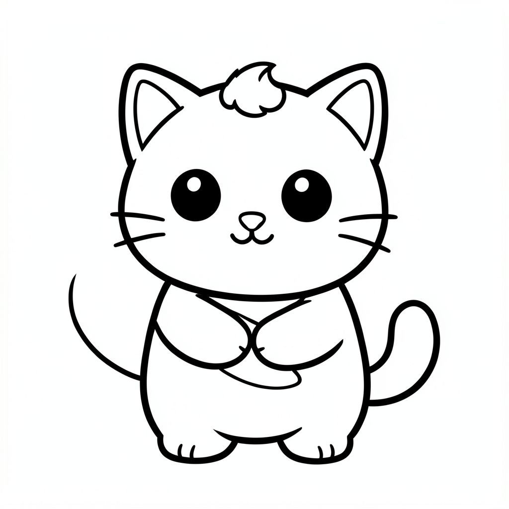 "Mèo con ôm chuối."
Nhân vật mèo con dễ thương với tỷ lệ cân bằng, thống nhất, nơi đầu, cơ thể và chân có kích thước đồng đều và kết nối hài hòa, 
tạo thành một hình dạng nhỏ gọn, gắn kết thay vì tỷ lệ đầu và cơ thể phóng đại; nhân vật có hình bóng tròn trịa, mịn màng, 
có đôi mắt lớn tròn màu đen đặt cách nhau rộng với điểm nổi bật nhỏ màu trắng, mũi hình bầu dục nhỏ và miệng cười cong nhỏ (hình chữ "W" nhẹ), 3 bộ râu ngắn ở mỗi bên. 
cùng với đôi má mũm mĩm mềm mại cho một biểu cảm dễ thương; tai là những hình tam giác tròn nhỏ nằm ở hai bên trên của đầu, và một 
một búi tóc cong nhỏ đơn được đặt chính giữa ở trên; Cơ thể đơn giản và hình bầu dục nhưng cân đối với đầu, với đôi chân rất ngắn 
hòa quyện tự nhiên vào hình thức, và bàn chân tròn nhỏ với các đường ngón chân tối thiểu; đuôi ngắn và cong nhẹ sang một bên sát thân; 
Thiết kế tổng thể sử dụng các cạnh sạch sẽ, mịn màng, sắc nét với các đường viền đậm rất dày, các chi tiết bên trong tối thiểu và duy trì rất đơn giản, thân thiện với trẻ mới biết đi, 
Phong cách hoạt hình dễ thương và dày dặn, cho phép nhân vật thích ứng tự nhiên với các hoạt động và tư thế khác nhau trong khi vẫn giữ cho tất cả các tính năng nhất quán.
Mỗi trang nên có mèo con dễ thương với một số chi tiết bổ sung theo hình minh họa hoạt động.
đường viền đậm dày với các đường nét bên trong tối thiểu.
Không gian mở rộng rãi để dễ dàng tô màu.
Nền đơn giản với thêm một số đối tượng dựa trên hoạt động.
Một vài chi tiết bổ sung theo hoạt động, không có kết cấu, không phức tạp.
Chỉ đen trắng. Không đổ bóng. Không có thang độ xám. Không có màu.
Không có văn bản, từ, chữ cái hoặc số.
Phong cách nghệ thuật: táo bạo, dễ dàng, dễ thương, dày dặn.