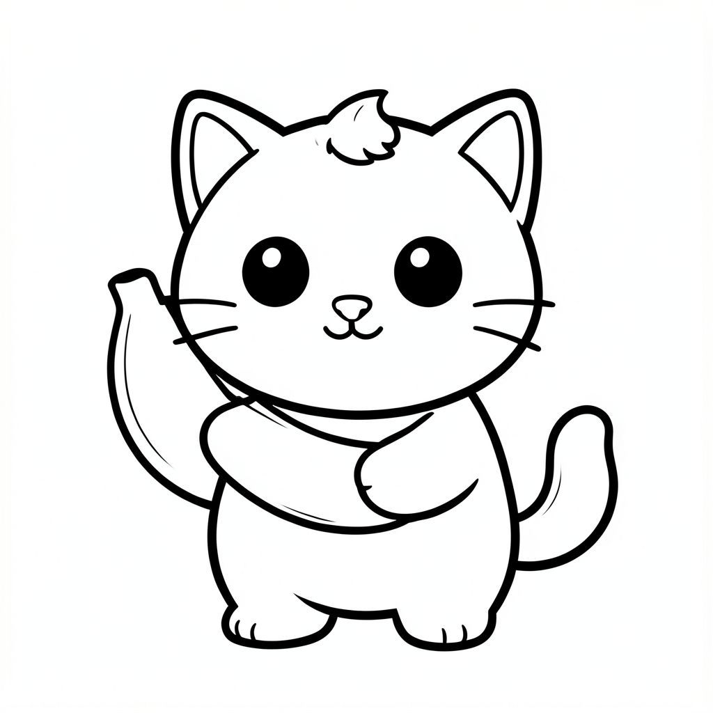 "Mèo con đang cầm một quả chuối. Chuối phải trong, sạch, đầy đủ và có thể nhìn thấy được.
Nhân vật mèo con dễ thương với tỷ lệ cân bằng, thống nhất, nơi đầu, cơ thể và chân có kích thước đồng đều và kết nối hài hòa, 
tạo thành một hình dạng nhỏ gọn, gắn kết thay vì tỷ lệ đầu và cơ thể phóng đại; nhân vật có hình bóng tròn trịa, mịn màng, 
có đôi mắt lớn tròn màu đen đặt cách nhau rộng với điểm nổi bật nhỏ màu trắng, mũi hình bầu dục nhỏ và miệng cười cong nhỏ (hình chữ "W" nhẹ), 3 bộ râu ngắn ở mỗi bên. 
cùng với đôi má mũm mĩm mềm mại cho một biểu cảm dễ thương; tai là những hình tam giác tròn nhỏ nằm ở hai bên trên của đầu, và một 
một búi tóc cong nhỏ đơn được đặt chính giữa ở trên; Cơ thể đơn giản và hình bầu dục nhưng cân đối với đầu, với đôi chân rất ngắn 
hòa quyện tự nhiên vào hình thức, và bàn chân tròn nhỏ với các đường ngón chân tối thiểu; đuôi ngắn và cong nhẹ sang một bên sát thân; 
Thiết kế tổng thể sử dụng các cạnh sạch sẽ, mịn màng, sắc nét với các đường viền đậm rất dày, các chi tiết bên trong tối thiểu và duy trì rất đơn giản, thân thiện với trẻ mới biết đi, 
Phong cách hoạt hình dễ thương và dày dặn, cho phép nhân vật thích ứng tự nhiên với các hoạt động và tư thế khác nhau trong khi vẫn giữ cho tất cả các tính năng nhất quán.
Mỗi trang nên có mèo con dễ thương với một số chi tiết bổ sung theo hình minh họa hoạt động.
đường viền đậm dày với các đường nét bên trong tối thiểu.
Không gian mở rộng rãi để dễ dàng tô màu.
Nền đơn giản với thêm một số đối tượng dựa trên hoạt động.
Một vài chi tiết bổ sung theo hoạt động, không có kết cấu, không phức tạp.
Chỉ đen trắng. Không đổ bóng. Không có thang độ xám. Không có màu.
Không có văn bản, từ, chữ cái hoặc số.
Phong cách nghệ thuật: táo bạo, dễ dàng, dễ thương, dày dặn.