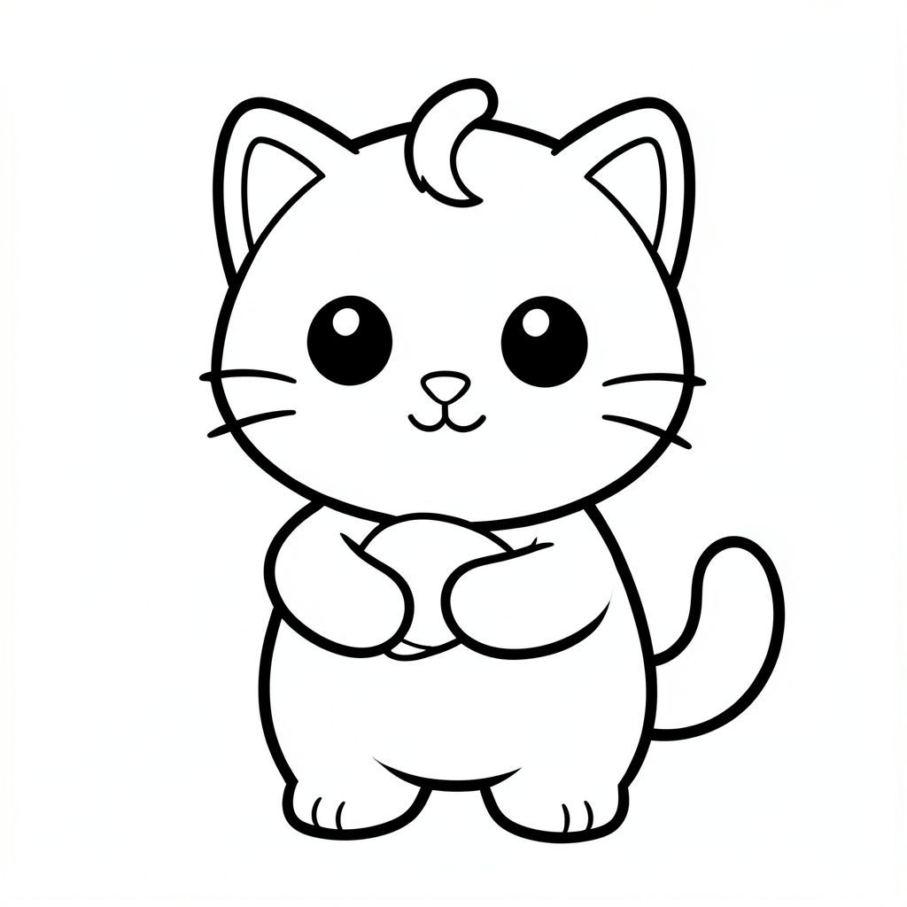 Mèo con cầm chuối trên tay. Tay và chuối phải sạch, rõ ràng và có thể nhìn thấy được.
Nhân vật mèo con dễ thương với tỷ lệ cân bằng, thống nhất, nơi đầu, cơ thể và chân có kích thước đồng đều và kết nối hài hòa, 
tạo thành một hình dạng nhỏ gọn, gắn kết thay vì tỷ lệ đầu và cơ thể phóng đại; nhân vật có hình bóng tròn trịa, mịn màng, 
có đôi mắt lớn tròn màu đen đặt cách nhau rộng với điểm nổi bật nhỏ màu trắng, mũi hình bầu dục nhỏ và miệng cười cong nhỏ (hình chữ "W" nhẹ), 3 bộ râu ngắn ở mỗi bên. 
cùng với đôi má mũm mĩm mềm mại cho một biểu cảm dễ thương; tai là những hình tam giác tròn nhỏ nằm ở hai bên trên của đầu, và một 
một búi tóc cong nhỏ đơn được đặt chính giữa ở trên; Cơ thể đơn giản và hình bầu dục nhưng cân đối với đầu, với đôi chân rất ngắn 
hòa quyện tự nhiên vào hình thức, và bàn chân tròn nhỏ với các đường ngón chân tối thiểu; đuôi ngắn và cong nhẹ sang một bên sát thân; 
Thiết kế tổng thể sử dụng các cạnh sạch sẽ, mịn màng, sắc nét với các đường viền đậm rất dày, các chi tiết bên trong tối thiểu và duy trì rất đơn giản, thân thiện với trẻ mới biết đi, 
Phong cách hoạt hình dễ thương và dày dặn, cho phép nhân vật thích ứng tự nhiên với các hoạt động và tư thế khác nhau trong khi vẫn giữ cho tất cả các tính năng nhất quán.
Mỗi trang nên có mèo con dễ thương với một số chi tiết bổ sung theo hình minh họa hoạt động.
đường viền đậm dày với các đường nét bên trong tối thiểu.
Không gian mở rộng rãi để dễ dàng tô màu.
Nền đơn giản với thêm một số đối tượng dựa trên hoạt động.
Một vài chi tiết bổ sung theo hoạt động, không có kết cấu, không phức tạp.
Chỉ đen trắng. Không đổ bóng. Không có thang độ xám. Không có màu.
Không có văn bản, từ, chữ cái hoặc số.
Phong cách nghệ thuật: táo bạo, dễ dàng, dễ thương, dày dặn.