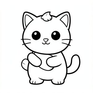 Baby cat holding banana. Banana and hand must be clean, clear and visible.
Kawaii baby cat character with a balanced, unified proportion where the head, body, and legs feel evenly sized and harmoniously connected, 
forming one compact, cohesive shape instead of an exaggerated head-to-body ratio; the character has a smooth, rounded silhouette, 
featuring large round black eyes placed wide apart with a small white highlight, a tiny oval nose, and a small curved smiling mouth (slightly “w” shape),3 short whiskers on each side. 
along with soft chubby cheeks for a cute expression; the ears are small rounded triangles positioned on the top sides of the head, and a 
single small curved tuft of hair is centered on top; the body is simple and oval but proportionate to the head, with very short legs that 
blend naturally into the form, and small rounded paws with minimal toe lines; the tail is short and gently curved to one side close to the body; 
overall design uses clean, smooth, sharp edges with very thick bold outlines, minimal inner details, and maintains a very simple, toddler-friendly, 
cute and chunky cartoon style, allowing the character to adapt naturally to different activities and poses while keeping all features consistent.
Each page should feature kawaii baby cat with few extra details as per activity illustration.
thick bold outlines with minimal inner lines.
Large open spaces for easy coloring.
Simple background with extra few objects based on the activity.
Few extra details as per activity, no textures, no complexity.
Black and white only. No shading. No grayscale. No color.
No text, words, letters, or numbers.
Art style: bold, easy, cute, chunky.