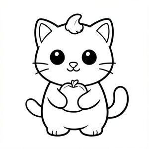Baby cat holding apple.
Kawaii baby cat character with a balanced, unified proportion where the head, body, and legs feel evenly sized and harmoniously connected, 
forming one compact, cohesive shape instead of an exaggerated head-to-body ratio; the character has a smooth, rounded silhouette, 
featuring large round black eyes placed wide apart with a small white highlight, a tiny oval nose, and a small curved smiling mouth (slightly “w” shape),3 short whiskers on each side. 
along with soft chubby cheeks for a cute expression; the ears are small rounded triangles positioned on the top sides of the head, and a 
single small curved tuft of hair is centered on top; the body is simple and oval but proportionate to the head, with very short legs that 
blend naturally into the form, and small rounded paws with minimal toe lines; the tail is short and gently curved to one side close to the body; 
overall design uses clean, smooth, sharp edges with very thick bold outlines, minimal inner details, and maintains a very simple, toddler-friendly, 
cute and chunky cartoon style, allowing the character to adapt naturally to different activities and poses while keeping all features consistent.
Each page should feature kawaii baby cat with few extra details as per activity illustration.
thick bold outlines with minimal inner lines.
Large open spaces for easy coloring.
Simple background with extra few objects based on the activity.
Few extra details as per activity, no textures, no complexity.
Black and white only. No shading. No grayscale. No color.
No text, words, letters, or numbers.
Art style: bold, easy, cute, chunky.