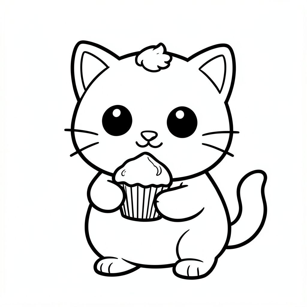 Mèo con ăn một chiếc bánh cupcake đơn giản.
Nhân vật mèo con dễ thương với tỷ lệ cân bằng, thống nhất, nơi đầu, cơ thể và chân có kích thước đồng đều và kết nối hài hòa, 
tạo thành một hình dạng nhỏ gọn, gắn kết thay vì tỷ lệ đầu và cơ thể phóng đại; nhân vật có hình bóng tròn trịa, mịn màng, 
có đôi mắt lớn tròn màu đen đặt cách nhau rộng với điểm nổi bật nhỏ màu trắng, mũi hình bầu dục nhỏ và miệng cười cong nhỏ (hình chữ "W" nhẹ), 3 bộ râu ngắn ở mỗi bên. 
cùng với đôi má mũm mĩm mềm mại cho một biểu cảm dễ thương; tai là những hình tam giác tròn nhỏ nằm ở hai bên trên của đầu, và một 
một búi tóc cong nhỏ đơn được đặt chính giữa ở trên; Cơ thể đơn giản và hình bầu dục nhưng cân đối với đầu, với đôi chân rất ngắn 
hòa quyện tự nhiên vào hình thức, và bàn chân tròn nhỏ với các đường ngón chân tối thiểu; đuôi ngắn và cong nhẹ sang một bên sát thân; 
Thiết kế tổng thể sử dụng các cạnh sạch sẽ, mịn màng, sắc nét với các đường viền đậm rất dày, các chi tiết bên trong tối thiểu và duy trì rất đơn giản, thân thiện với trẻ mới biết đi, 
Phong cách hoạt hình dễ thương và dày dặn, cho phép nhân vật thích ứng tự nhiên với các hoạt động và tư thế khác nhau trong khi vẫn giữ cho tất cả các tính năng nhất quán.
Mỗi trang nên có mèo con dễ thương với một số chi tiết bổ sung theo hình minh họa hoạt động.
đường viền đậm dày với các đường nét bên trong tối thiểu.
Không gian mở rộng rãi để dễ dàng tô màu.
Nền đơn giản với thêm một số đối tượng dựa trên hoạt động.
Một vài chi tiết bổ sung theo hoạt động, không có kết cấu, không phức tạp.
Chỉ đen trắng. Không đổ bóng. Không có thang độ xám. Không có màu.
Không có văn bản, từ, chữ cái hoặc số.
Phong cách nghệ thuật: táo bạo, dễ dàng, dễ thương, dày dặn.