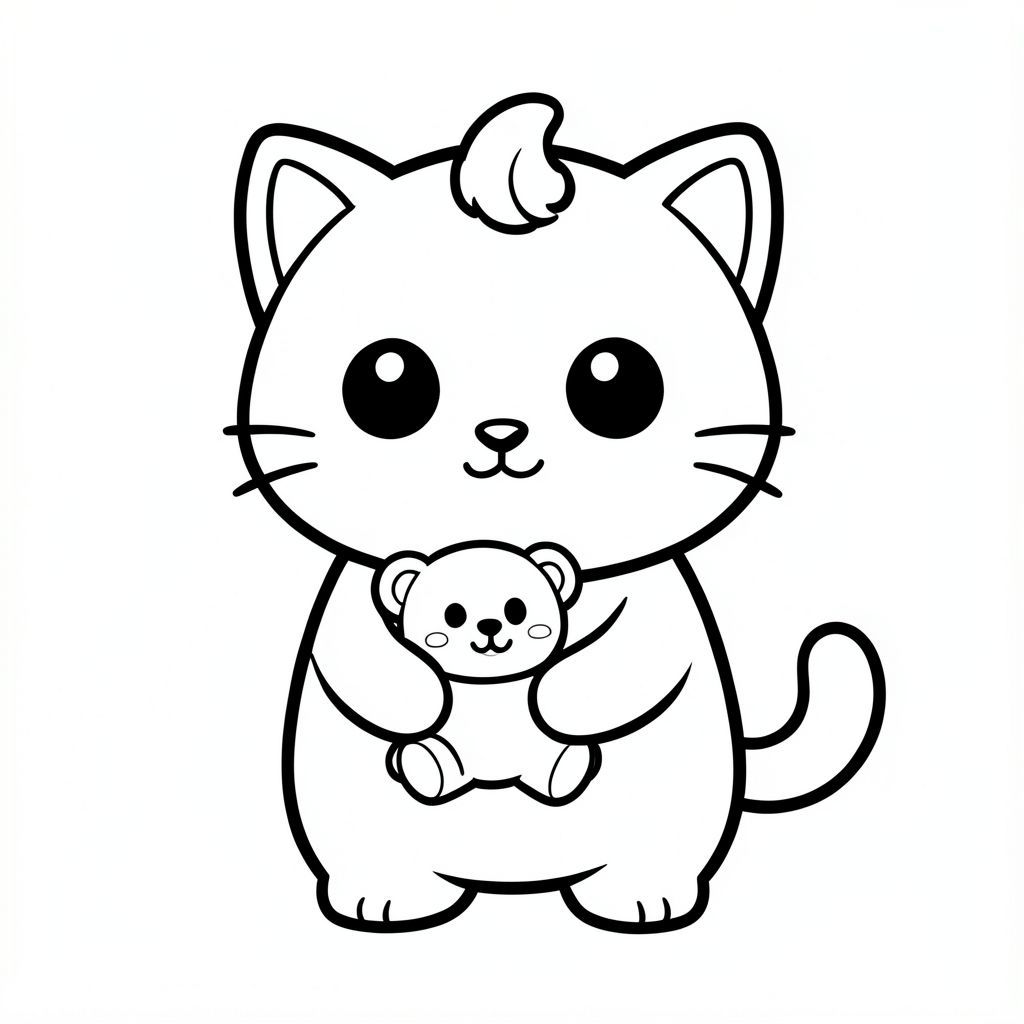 Mèo con ôm gấu bông'
Nhân vật mèo con dễ thương với tỷ lệ cân bằng, thống nhất, nơi đầu, cơ thể và chân có kích thước đồng đều và kết nối hài hòa, 
tạo thành một hình dạng nhỏ gọn, gắn kết thay vì tỷ lệ đầu và cơ thể phóng đại; nhân vật có hình bóng tròn trịa, mịn màng, 
có đôi mắt lớn tròn màu đen đặt cách nhau rộng với điểm nổi bật nhỏ màu trắng, mũi hình bầu dục nhỏ và miệng cười cong nhỏ (hình chữ "W" nhẹ), 3 bộ râu ngắn ở mỗi bên. 
cùng với đôi má mũm mĩm mềm mại cho một biểu cảm dễ thương; tai là những hình tam giác tròn nhỏ nằm ở hai bên trên của đầu, và một 
một búi tóc cong nhỏ đơn được đặt chính giữa ở trên; Cơ thể đơn giản và hình bầu dục nhưng cân đối với đầu, với đôi chân rất ngắn 
hòa quyện tự nhiên vào hình thức, và bàn chân tròn nhỏ với các đường ngón chân tối thiểu; đuôi ngắn và cong nhẹ sang một bên sát thân; 
Thiết kế tổng thể sử dụng các cạnh sạch sẽ, mịn màng, sắc nét với các đường viền đậm rất dày, các chi tiết bên trong tối thiểu và duy trì rất đơn giản, thân thiện với trẻ mới biết đi, 
Phong cách hoạt hình dễ thương và dày dặn, cho phép nhân vật thích ứng tự nhiên với các hoạt động và tư thế khác nhau trong khi vẫn giữ cho tất cả các tính năng nhất quán.
Mỗi trang nên có mèo con dễ thương với một số chi tiết bổ sung theo hình minh họa hoạt động.
đường viền đậm dày với các đường nét bên trong tối thiểu.
Không gian mở rộng rãi để dễ dàng tô màu.
Nền đơn giản với thêm một số đối tượng dựa trên hoạt động.
Một vài chi tiết bổ sung theo hoạt động, không có kết cấu, không phức tạp.
Chỉ đen trắng. Không đổ bóng. Không có thang độ xám. Không có màu.
Không có văn bản, từ, chữ cái hoặc số.
Phong cách nghệ thuật: táo bạo, dễ dàng, dễ thương, dày dặn.