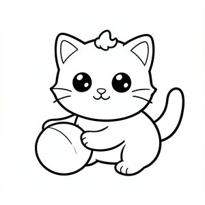 Baby cat playing with a ball.
Kawaii baby cat character with a balanced, unified proportion where the head, body, and legs feel evenly sized and harmoniously connected, 
forming one compact, cohesive shape instead of an exaggerated head-to-body ratio; the character has a smooth, rounded silhouette, 
featuring large round black eyes placed wide apart with a small white highlight, a tiny oval nose, and a small curved smiling mouth (slightly “w” shape),3 short whiskers on each side. 
along with soft chubby cheeks for a cute expression; the ears are small rounded triangles positioned on the top sides of the head, and a 
single small curved tuft of hair is centered on top; the body is simple and oval but proportionate to the head, with very short legs that 
blend naturally into the form, and small rounded paws with minimal toe lines; the tail is short and gently curved to one side close to the body; 
overall design uses clean, smooth, sharp edges with very thick bold outlines, minimal inner details, and maintains a very simple, toddler-friendly, 
cute and chunky cartoon style, allowing the character to adapt naturally to different activities and poses while keeping all features consistent.
Each page should feature kawaii baby cat with few extra details as per activity illustration.
thick bold outlines with minimal inner lines.
Large open spaces for easy coloring.
Simple background with extra few objects based on the activity.
Few extra details as per activity, no textures, no complexity.
Black and white only. No shading. No grayscale. No color.
No text, words, letters, or numbers.
Art style: bold, easy, cute, chunky.
