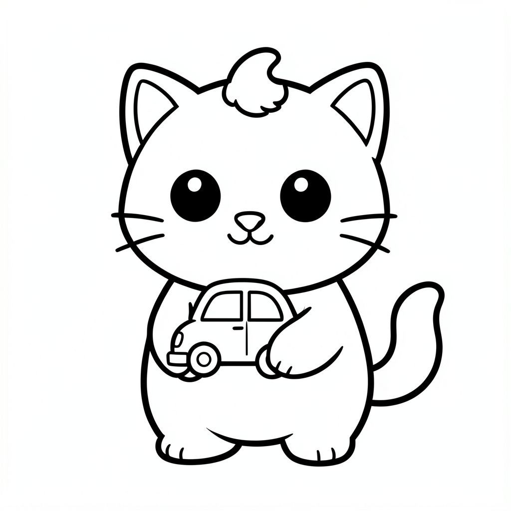 Mèo con đang cầm một chiếc xe đồ chơi.
Nhân vật mèo con dễ thương với tỷ lệ cân bằng, thống nhất, nơi đầu, cơ thể và chân có kích thước đồng đều và kết nối hài hòa, 
tạo thành một hình dạng nhỏ gọn, gắn kết thay vì tỷ lệ đầu và cơ thể phóng đại; nhân vật có hình bóng tròn trịa, mịn màng, 
có đôi mắt lớn tròn màu đen đặt cách nhau rộng với điểm nổi bật nhỏ màu trắng, mũi hình bầu dục nhỏ và miệng cười cong nhỏ (hình chữ "W" nhẹ), 3 bộ râu ngắn ở mỗi bên. 
cùng với đôi má mũm mĩm mềm mại cho một biểu cảm dễ thương; tai là những hình tam giác tròn nhỏ nằm ở hai bên trên của đầu, và một 
một búi tóc cong nhỏ đơn được đặt chính giữa ở trên; Cơ thể đơn giản và hình bầu dục nhưng cân đối với đầu, với đôi chân rất ngắn 
hòa quyện tự nhiên vào hình thức, và bàn chân tròn nhỏ với các đường ngón chân tối thiểu; đuôi ngắn và cong nhẹ sang một bên sát thân; 
Thiết kế tổng thể sử dụng các cạnh sạch sẽ, mịn màng, sắc nét với các đường viền đậm rất dày, các chi tiết bên trong tối thiểu và duy trì rất đơn giản, thân thiện với trẻ mới biết đi, 
Phong cách hoạt hình dễ thương và dày dặn, cho phép nhân vật thích ứng tự nhiên với các hoạt động và tư thế khác nhau trong khi vẫn giữ cho tất cả các tính năng nhất quán.
Mỗi trang nên có mèo con dễ thương với một số chi tiết bổ sung theo hình minh họa hoạt động.
đường viền đậm dày với các đường nét bên trong tối thiểu.
Không gian mở rộng rãi để dễ dàng tô màu.
Nền đơn giản với thêm một số đối tượng dựa trên hoạt động.
Một vài chi tiết bổ sung theo hoạt động, không có kết cấu, không phức tạp.
Chỉ đen trắng. Không đổ bóng. Không có thang độ xám. Không có màu.
Không có văn bản, từ, chữ cái hoặc số.
Phong cách nghệ thuật: táo bạo, dễ dàng, dễ thương, dày dặn.
