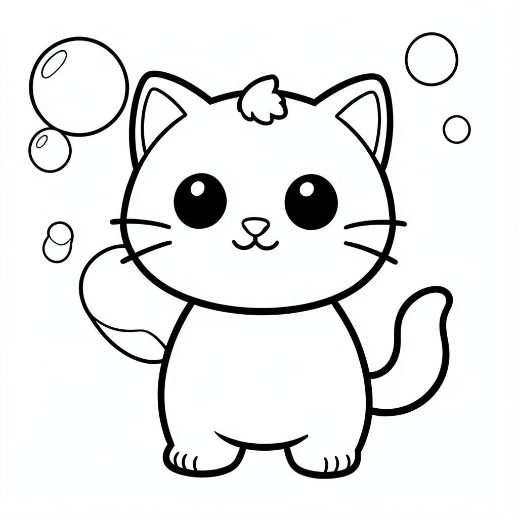 Mèo con thổi bong bóng xà phòng.
Nhân vật mèo con dễ thương với tỷ lệ cân bằng, thống nhất, nơi đầu, cơ thể và chân có kích thước đồng đều và kết nối hài hòa, 
tạo thành một hình dạng nhỏ gọn, gắn kết thay vì tỷ lệ đầu và cơ thể phóng đại; nhân vật có hình bóng tròn trịa, mịn màng, 
có đôi mắt lớn tròn màu đen đặt cách nhau rộng với điểm nổi bật nhỏ màu trắng, mũi hình bầu dục nhỏ và miệng cười cong nhỏ (hình chữ "W" nhẹ), 3 bộ râu ngắn ở mỗi bên. 
cùng với đôi má mũm mĩm mềm mại cho một biểu cảm dễ thương; tai là những hình tam giác tròn nhỏ nằm ở hai bên trên của đầu, và một 
một búi tóc cong nhỏ đơn được đặt chính giữa ở trên; Cơ thể đơn giản và hình bầu dục nhưng cân đối với đầu, với đôi chân rất ngắn 
hòa quyện tự nhiên vào hình thức, và bàn chân tròn nhỏ với các đường ngón chân tối thiểu; đuôi ngắn và cong nhẹ sang một bên sát thân; 
Thiết kế tổng thể sử dụng các cạnh sạch sẽ, mịn màng, sắc nét với các đường viền đậm rất dày, các chi tiết bên trong tối thiểu và duy trì rất đơn giản, thân thiện với trẻ mới biết đi, 
Phong cách hoạt hình dễ thương và dày dặn, cho phép nhân vật thích ứng tự nhiên với các hoạt động và tư thế khác nhau trong khi vẫn giữ cho tất cả các tính năng nhất quán.
Mỗi trang nên có mèo con dễ thương với một số chi tiết bổ sung theo hình minh họa hoạt động.
đường viền đậm dày với các đường nét bên trong tối thiểu.
Không gian mở rộng rãi để dễ dàng tô màu.
Nền đơn giản với thêm một số đối tượng dựa trên hoạt động.
Một vài chi tiết bổ sung theo hoạt động, không có kết cấu, không phức tạp.
Chỉ đen trắng. Không đổ bóng. Không có thang độ xám. Không có màu.
Không có văn bản, từ, chữ cái hoặc số.
Phong cách nghệ thuật: táo bạo, dễ dàng, dễ thương, dày dặn.