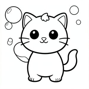 Baby cat blowing soap bubbles.
Kawaii baby cat character with a balanced, unified proportion where the head, body, and legs feel evenly sized and harmoniously connected, 
forming one compact, cohesive shape instead of an exaggerated head-to-body ratio; the character has a smooth, rounded silhouette, 
featuring large round black eyes placed wide apart with a small white highlight, a tiny oval nose, and a small curved smiling mouth (slightly “w” shape),3 short whiskers on each side. 
along with soft chubby cheeks for a cute expression; the ears are small rounded triangles positioned on the top sides of the head, and a 
single small curved tuft of hair is centered on top; the body is simple and oval but proportionate to the head, with very short legs that 
blend naturally into the form, and small rounded paws with minimal toe lines; the tail is short and gently curved to one side close to the body; 
overall design uses clean, smooth, sharp edges with very thick bold outlines, minimal inner details, and maintains a very simple, toddler-friendly, 
cute and chunky cartoon style, allowing the character to adapt naturally to different activities and poses while keeping all features consistent.
Each page should feature kawaii baby cat with few extra details as per activity illustration.
thick bold outlines with minimal inner lines.
Large open spaces for easy coloring.
Simple background with extra few objects based on the activity.
Few extra details as per activity, no textures, no complexity.
Black and white only. No shading. No grayscale. No color.
No text, words, letters, or numbers.
Art style: bold, easy, cute, chunky.