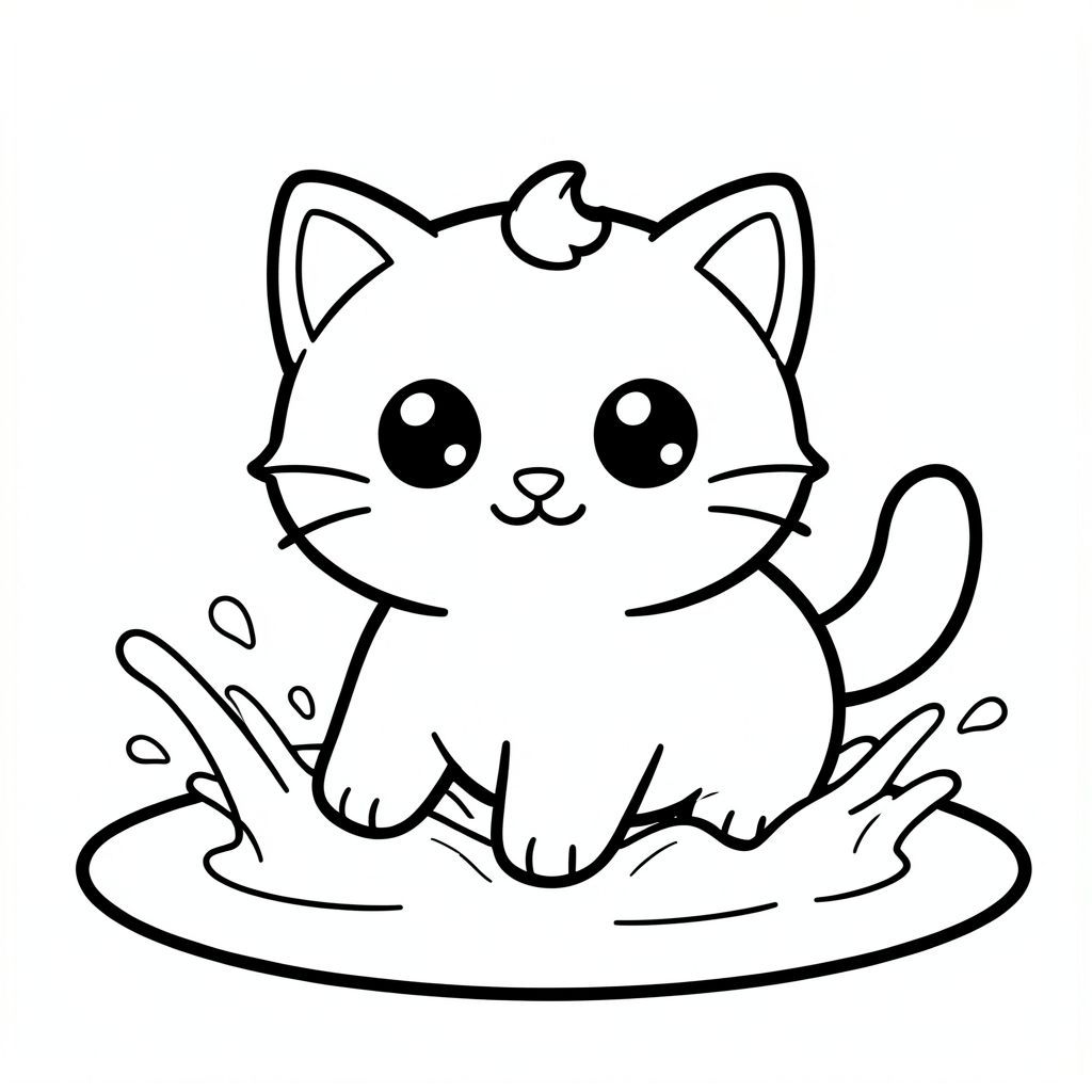 Mèo con tung tóe trong một vũng nước nhỏ.
Nhân vật mèo con dễ thương với tỷ lệ cân bằng, thống nhất, nơi đầu, cơ thể và chân có kích thước đồng đều và kết nối hài hòa, 
tạo thành một hình dạng nhỏ gọn, gắn kết thay vì tỷ lệ đầu và cơ thể phóng đại; nhân vật có hình bóng tròn trịa, mịn màng, 
có đôi mắt lớn tròn màu đen đặt cách nhau rộng với điểm nổi bật nhỏ màu trắng, mũi hình bầu dục nhỏ và miệng cười cong nhỏ (hình chữ "W" nhẹ), 3 bộ râu ngắn ở mỗi bên. 
cùng với đôi má mũm mĩm mềm mại cho một biểu cảm dễ thương; tai là những hình tam giác tròn nhỏ nằm ở hai bên trên của đầu, và một 
một búi tóc cong nhỏ đơn được đặt chính giữa ở trên; Cơ thể đơn giản và hình bầu dục nhưng cân đối với đầu, với đôi chân rất ngắn 
hòa quyện tự nhiên vào hình thức, và bàn chân tròn nhỏ với các đường ngón chân tối thiểu; đuôi ngắn và cong nhẹ sang một bên sát thân; 
Thiết kế tổng thể sử dụng các cạnh sạch sẽ, mịn màng, sắc nét với các đường viền đậm rất dày, các chi tiết bên trong tối thiểu và duy trì rất đơn giản, thân thiện với trẻ mới biết đi, 
Phong cách hoạt hình dễ thương và dày dặn, cho phép nhân vật thích ứng tự nhiên với các hoạt động và tư thế khác nhau trong khi vẫn giữ cho tất cả các tính năng nhất quán.
Mỗi trang nên có mèo con dễ thương với một số chi tiết bổ sung theo hình minh họa hoạt động.
đường viền đậm dày với các đường nét bên trong tối thiểu.
Không gian mở rộng rãi để dễ dàng tô màu.
Nền đơn giản với thêm một số đối tượng dựa trên hoạt động.
Một vài chi tiết bổ sung theo hoạt động, không có kết cấu, không phức tạp.
Chỉ đen trắng. Không đổ bóng. Không có thang độ xám. Không có màu.
Không có văn bản, từ, chữ cái hoặc số.
Phong cách nghệ thuật: táo bạo, dễ dàng, dễ thương, dày dặn.