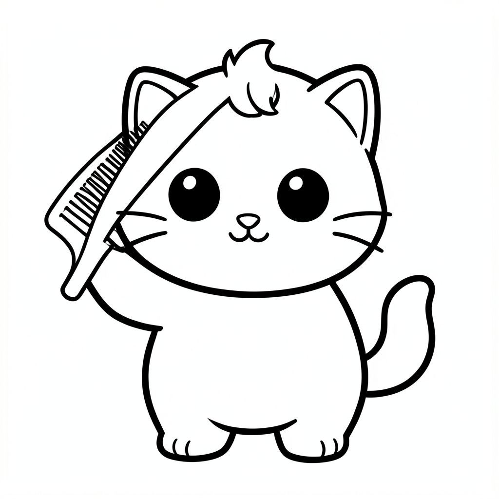 Mèo con chải lông bằng lược đơn giản.
Nhân vật mèo con dễ thương với tỷ lệ cân bằng, thống nhất, nơi đầu, cơ thể và chân có kích thước đồng đều và kết nối hài hòa, 
tạo thành một hình dạng nhỏ gọn, gắn kết thay vì tỷ lệ đầu và cơ thể phóng đại; nhân vật có hình bóng tròn trịa, mịn màng, 
có đôi mắt lớn tròn màu đen đặt cách nhau rộng với điểm nổi bật nhỏ màu trắng, mũi hình bầu dục nhỏ và miệng cười cong nhỏ (hình chữ "W" nhẹ), 3 bộ râu ngắn ở mỗi bên. 
cùng với đôi má mũm mĩm mềm mại cho một biểu cảm dễ thương; tai là những hình tam giác tròn nhỏ nằm ở hai bên trên của đầu, và một 
một búi tóc cong nhỏ đơn được đặt chính giữa ở trên; Cơ thể đơn giản và hình bầu dục nhưng cân đối với đầu, với đôi chân rất ngắn 
hòa quyện tự nhiên vào hình thức, và bàn chân tròn nhỏ với các đường ngón chân tối thiểu; đuôi ngắn và cong nhẹ sang một bên sát thân; 
Thiết kế tổng thể sử dụng các cạnh sạch sẽ, mịn màng, sắc nét với các đường viền đậm rất dày, các chi tiết bên trong tối thiểu và duy trì rất đơn giản, thân thiện với trẻ mới biết đi, 
Phong cách hoạt hình dễ thương và dày dặn, cho phép nhân vật thích ứng tự nhiên với các hoạt động và tư thế khác nhau trong khi vẫn giữ cho tất cả các tính năng nhất quán.
Mỗi trang nên có mèo con dễ thương với một số chi tiết bổ sung theo hình minh họa hoạt động.
đường viền đậm dày với các đường nét bên trong tối thiểu.
Không gian mở rộng rãi để dễ dàng tô màu.
Nền đơn giản với thêm một số đối tượng dựa trên hoạt động.
Một vài chi tiết bổ sung theo hoạt động, không có kết cấu, không phức tạp.
Chỉ đen trắng. Không đổ bóng. Không có thang độ xám. Không có màu.
Không có văn bản, từ, chữ cái hoặc số.
Phong cách nghệ thuật: táo bạo, dễ dàng, dễ thương, dày dặn.