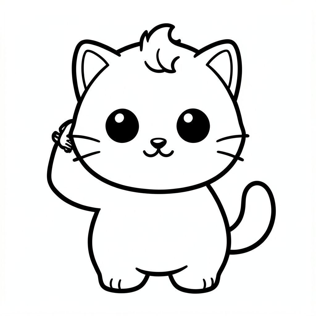 Mèo con chải lông. Nhân vật mèo con Kawaii với tỷ lệ cân bằng, thống nhất, nơi đầu, cơ thể và chân có kích thước đồng đều và kết nối hài hòa,  
tạo thành một hình dạng nhỏ gọn, gắn kết thay vì tỷ lệ đầu và cơ thể phóng đại; nhân vật có hình dáng tròn trịa, mịn màng,  
có đôi mắt lớn tròn màu đen đặt cách nhau rộng với điểm nổi bật nhỏ màu trắng, mũi hình bầu dục nhỏ và miệng cười cong nhỏ (hình chữ "W" nhẹ), 3 bộ râu ngắn ở mỗi bên.  
cùng với đôi má mũm mĩm mềm mại cho một biểu cảm dễ thương; tai là những hình tam giác tròn nhỏ nằm ở hai bên trên cùng của đầu, và một 
một búi tóc cong nhỏ đơn được đặt chính giữa ở trên; cơ thể đơn giản và hình bầu dục nhưng cân đối với đầu, với đôi chân rất ngắn 
hòa quyện tự nhiên vào hình thức, và bàn chân tròn nhỏ với các đường ngón chân tối thiểu; đuôi ngắn và cong nhẹ sang một bên gần cơ thể;  
Thiết kế tổng thể sử dụng các cạnh sạch sẽ, mịn màng, sắc nét với các đường viền đậm rất dày, các chi tiết bên trong tối thiểu và duy trì rất đơn giản, thân thiện với trẻ mới biết đi,  
Phong cách hoạt hình dễ thương và dày dặn, cho phép nhân vật thích ứng tự nhiên với các hoạt động và tư thế khác nhau trong khi vẫn giữ cho tất cả các tính năng nhất quán. 
Mỗi trang nên có mèo con dễ thương với một số chi tiết bổ sung theo hình minh họa hoạt động. 
đường viền đậm dày với các đường nét bên trong tối thiểu. 
Không gian mở rộng rãi để dễ dàng tô màu. 
Nền đơn giản với thêm một số đối tượng dựa trên hoạt động. 
Một vài chi tiết bổ sung theo hoạt động, không có kết cấu, không phức tạp. 
Chỉ đen trắng. Không đổ bóng. Không có thang độ xám. Không có màu. 
Không có văn bản, từ, chữ cái hoặc số. 
Phong cách nghệ thuật: táo bạo, dễ dàng, dễ thương, dày dặn.