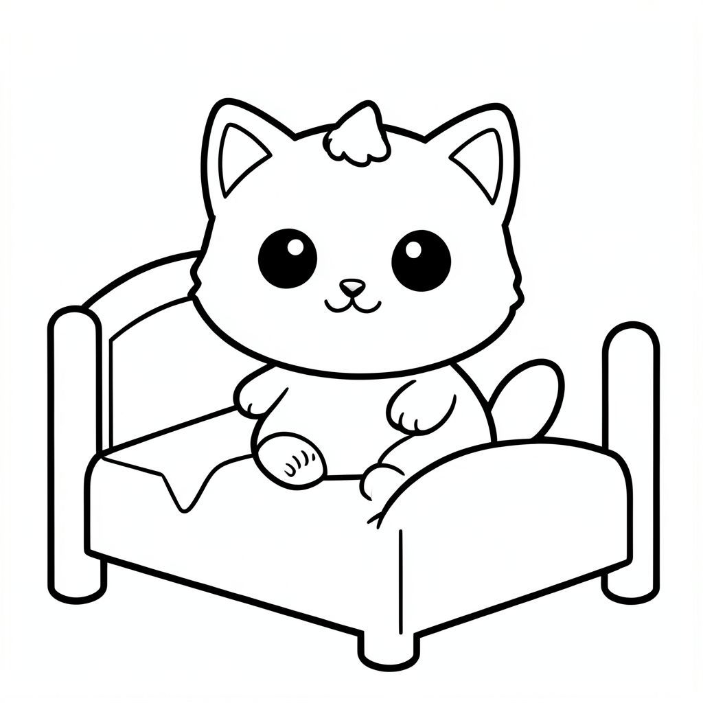 Nhân vật mèo con Kawaii với tỷ lệ cân đối, thống nhất trong đó đầu, thân và chân có kích thước đồng đều và tạo thành một hình dạng nhỏ gọn, gắn kết. Dáng tròn mượt mà không có góc nhọn. Đôi mắt to tròn màu đen đặt cách nhau rộng với một điểm nổi bật nhỏ màu trắng. Chiếc mũi nhỏ hình bầu dục và miệng cười cong nhỏ. Má mũm mĩm mềm mại. Tai hình tam giác tròn nhỏ ở hai bên trên của đầu. Một búi tóc cong nhỏ ở giữa phía trên. Cơ thể hình bầu dục đơn giản được kết nối tự nhiên với đôi chân rất ngắn. Bàn chân tròn nhỏ với các đường ngón chân tối thiểu. Đuôi ngắn cong nhẹ nhàng sang một bên gần cơ thể. Các cạnh sạch, mịn, sắc nét.
Nhân vật thực hiện thức dậy trên một chiếc giường đơn giản.
Mỗi trang nên có hình minh họa mèo con dễ thương. Các đường viền đậm rất dày với các đường bên trong tối thiểu. Không gian mở rộng rãi để dễ dàng tô màu. Nền cực kỳ đơn giản với rất ít đối tượng chỉ liên quan đến hoạt động. Không có chi tiết bổ sung, không kết cấu, không phức tạp. Chỉ đen trắng. Không đổ bóng. Không có thang độ xám. Không có màu. Không có văn bản, từ, chữ cái hoặc số. Phong cách nghệ thuật: táo bạo, dễ thương, dễ thương, mập mạp, phong cách sách tô màu cho trẻ mới biết đi.