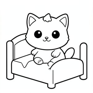 Kawaii baby cat character with balanced, unified proportions where head, body, and legs are evenly sized and form one compact, cohesive shape. Smooth rounded silhouette with no sharp angles. Large round black eyes placed wide apart with a small white highlight. Tiny oval nose and small curved smiling mouth. Soft chubby cheeks. Small rounded triangle ears on top sides of the head. One small curved tuft of hair centered on top. Simple oval body connected naturally with very short legs. Small rounded paws with minimal toe lines. Short tail curved gently to one side close to the body. Clean, smooth, sharp edges.
The character performing waking up on a simple bed.
Each page should feature kawaii baby cat illustration. Very thick bold outlines with minimal inner lines. Large open spaces for easy coloring. Extremely simple background with very few objects only related to the activity. No extra details, no textures, no complexity. Black and white only. No shading. No grayscale. No color. No text, words, letters, or numbers. Art style: bold, easy, cute, chunky, toddler coloring book style.