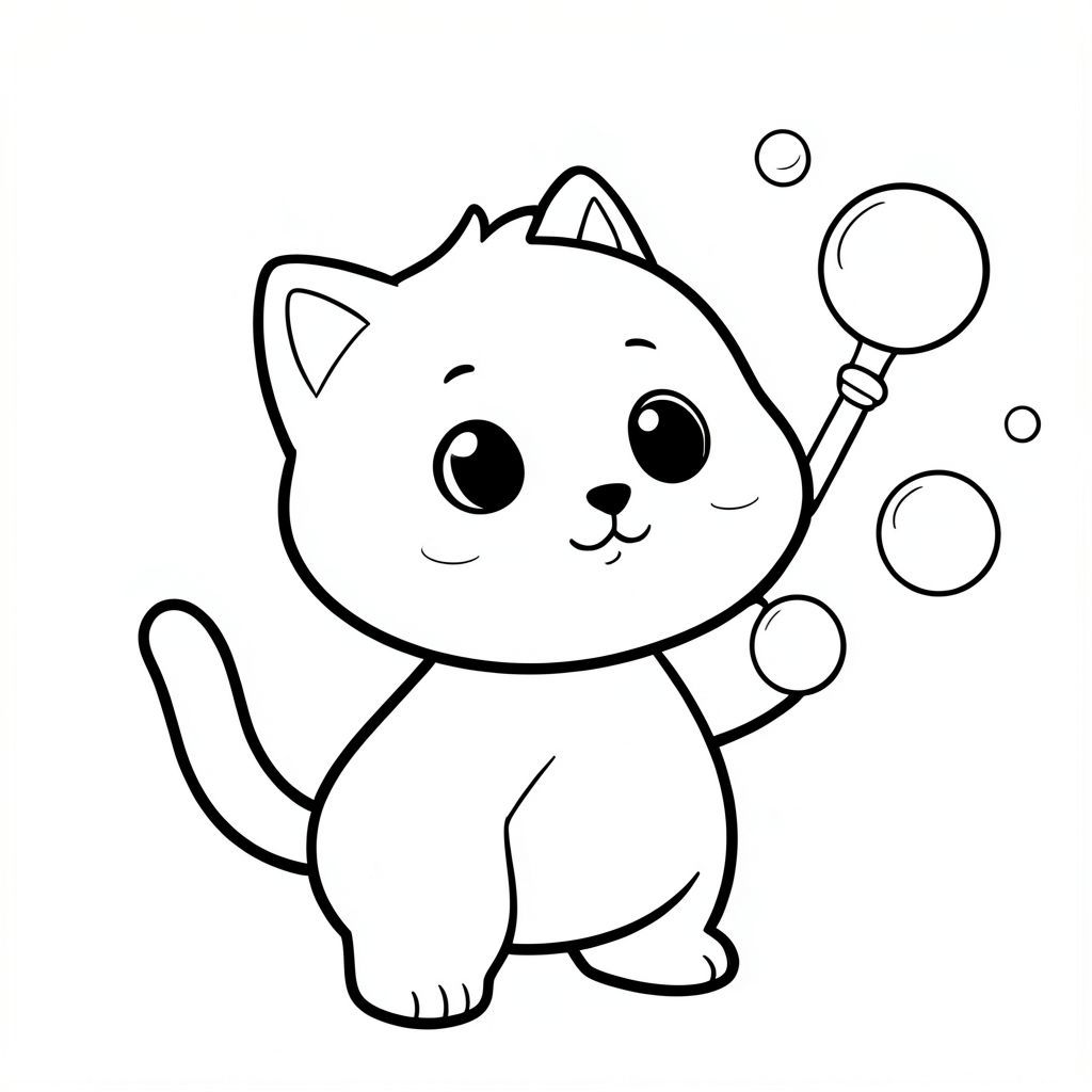 Kawaii baby cat character with balanced, rounded proportions, big simple head and small body, large round eyes, tiny nose, smiling face, small ears, and a little tuft of hair on top. Clean smooth outline.

The baby cat blowing bubbles with a small bubble wand, a few big round bubbles floating nearby.

Very thick bold outlines. Large open spaces. Extremely simple background with only a few bubbles. No extra details.

Black and white only. No shading. No grayscale. No color. No text. Cute, simple toddler coloring book style.