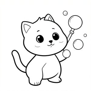 Kawaii baby cat character with balanced, rounded proportions, big simple head and small body, large round eyes, tiny nose, smiling face, small ears, and a little tuft of hair on top. Clean smooth outline.

The baby cat blowing bubbles with a small bubble wand, a few big round bubbles floating nearby.

Very thick bold outlines. Large open spaces. Extremely simple background with only a few bubbles. No extra details.

Black and white only. No shading. No grayscale. No color. No text. Cute, simple toddler coloring book style.