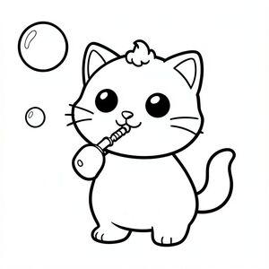 The baby cat blowing bubbles with a small bubble wand, a few big round bubbles floating nearby.
Kawaii baby cat character with a balanced, unified proportion where the head, body, and legs feel evenly sized and harmoniously connected, 
forming one compact, cohesive shape instead of an exaggerated head-to-body ratio; the character has a smooth, rounded silhouette, 
featuring large round black eyes placed wide apart with a small white highlight, a tiny oval nose, and a small curved smiling mouth (slightly “w” shape),3 short whiskers on each side. 
along with soft chubby cheeks for a cute expression; the ears are small rounded triangles positioned on the top sides of the head, and a 
single small curved tuft of hair is centered on top; the body is simple and oval but proportionate to the head, with very short legs that 
blend naturally into the form, and small rounded paws with minimal toe lines; the tail is short and gently curved to one side close to the body; 
overall design uses clean, smooth, sharp edges with very thick bold outlines, minimal inner details, and maintains a very simple, toddler-friendly, 
cute and chunky cartoon style, allowing the character to adapt naturally to different activities and poses while keeping all features consistent.
Each page should feature kawaii baby cat with few extra details as per activity illustration.
thick bold outlines with minimal inner lines.
Large open spaces for easy coloring.
Simple background with extra few objects based on the activity.
Few extra details as per activity, no textures, no complexity.
Black and white only. No shading. No grayscale. No color.
No text, words, letters, or numbers.
Art style: bold, easy, cute, chunky.