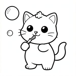 The baby cat blowing bubbles with a small bubble wand holding in hand, a few big round bubbles floating nearby. Hands must be clean, clear and visible.
Kawaii baby cat character with a balanced, unified proportion where the head, body, and legs feel evenly sized and harmoniously connected, 
forming one compact, cohesive shape instead of an exaggerated head-to-body ratio; the character has a smooth, rounded silhouette, 
featuring large round black eyes placed wide apart with a small white highlight, a tiny oval nose, and a small curved smiling mouth (slightly “w” shape),3 short whiskers on each side. 
along with soft chubby cheeks for a cute expression; the ears are small rounded triangles positioned on the top sides of the head, and a 
single small curved tuft of hair is centered on top; the body is simple and oval but proportionate to the head, with very short legs that 
blend naturally into the form, and small rounded paws with minimal toe lines; the tail is short and gently curved to one side close to the body; 
overall design uses clean, smooth, sharp edges with very thick bold outlines, minimal inner details, and maintains a very simple, toddler-friendly, 
cute and chunky cartoon style, allowing the character to adapt naturally to different activities and poses while keeping all features consistent.
Each page should feature kawaii baby cat with few extra details as per activity illustration.
thick bold outlines with minimal inner lines.
Large open spaces for easy coloring.
Simple background with extra few objects based on the activity.
Few extra details as per activity, no textures, no complexity.
Black and white only. No shading. No grayscale. No color.
No text, words, letters, or numbers.
Art style: bold, easy, cute, chunky.
