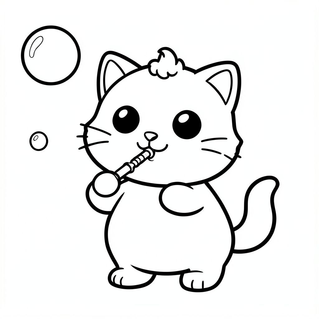 Chú mèo con thổi bong bóng bằng que nhẫn nhỏ, một vài bong bóng tròn lớn trôi nổi gần đó. Nhân vật mèo con dễ thương với tỷ lệ cân bằng, thống nhất, nơi đầu, cơ thể và chân có kích thước đồng đều và kết nối hài hòa, 
tạo thành một hình dạng nhỏ gọn, gắn kết thay vì tỷ lệ đầu và cơ thể phóng đại; nhân vật có hình bóng tròn trịa, mịn màng, 
có đôi mắt lớn tròn màu đen đặt cách nhau rộng với điểm nổi bật nhỏ màu trắng, mũi hình bầu dục nhỏ và miệng cười cong nhỏ (hình chữ "W" nhẹ), 3 bộ râu ngắn ở mỗi bên. 
cùng với đôi má mũm mĩm mềm mại cho một biểu cảm dễ thương; tai là những hình tam giác tròn nhỏ nằm ở hai bên trên của đầu, và một 
một búi tóc cong nhỏ đơn được đặt chính giữa ở trên; Cơ thể đơn giản và hình bầu dục nhưng cân đối với đầu, với đôi chân rất ngắn 
hòa quyện tự nhiên vào hình thức, và bàn chân tròn nhỏ với các đường ngón chân tối thiểu; đuôi ngắn và cong nhẹ sang một bên sát thân; 
Thiết kế tổng thể sử dụng các cạnh sạch sẽ, mịn màng, sắc nét với các đường viền đậm rất dày, các chi tiết bên trong tối thiểu và duy trì rất đơn giản, thân thiện với trẻ mới biết đi, 
Phong cách hoạt hình dễ thương và dày dặn, cho phép nhân vật thích ứng tự nhiên với các hoạt động và tư thế khác nhau trong khi vẫn giữ cho tất cả các tính năng nhất quán.
Mỗi trang nên có mèo con dễ thương với một số chi tiết bổ sung theo hình minh họa hoạt động.
đường viền đậm dày với các đường nét bên trong tối thiểu.
Không gian mở rộng rãi để dễ dàng tô màu.
Nền đơn giản với thêm một số đối tượng dựa trên hoạt động.
Một vài chi tiết bổ sung theo hoạt động, không có kết cấu, không phức tạp.
Chỉ đen trắng. Không đổ bóng. Không có thang độ xám. Không có màu.
Không có văn bản, từ, chữ cái hoặc số.
Phong cách nghệ thuật: táo bạo, dễ dàng, dễ thương, dày dặn.