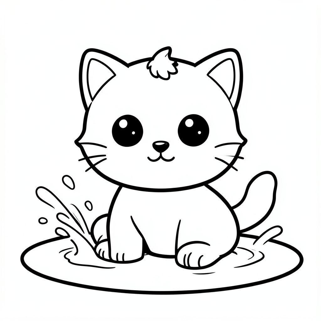 Baby cat splashing in a small puddle'
Kawaii baby cat character, very big round head, tiny small oval body, very short legs, small rounded paws with simple toe lines, sitting front-facing. 
Large round black eyes with a small white highlight, eyes placed wide apart. Tiny oval nose, small curved smiling mouth (slightly “w” shape), Chubby cheeks. 
3 short whiskers on each side. Small rounded triangle ears. One small curved tuft of hair centered on top of the head. Tail short and curved to the side. 
Clean, smooth, sharp edges. Very simple toddler cartoon style. Each page should feature kawaii baby cat with few extra details as per activity illustration. 
Thick bold outlines with minimal inner lines. Large open spaces for easy coloring. Simple background with very few objects only based on the activity. 
Very Few extra details as per activity, no textures, no complexity. Black and white only. No shading. No grayscale. No color. No text, words, letters, or numbers. 
Art style: bold, easy, cute, chunky.