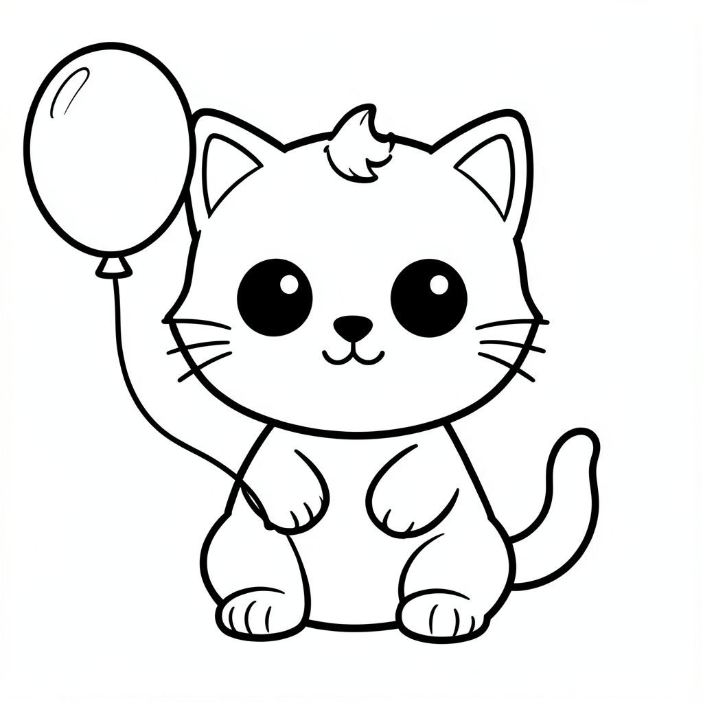 Baby cat holding a balloon string.
Kawaii baby cat character, very big round head, tiny small oval body, very short legs, small rounded paws with simple toe lines, sitting front-facing. 
Large round black eyes with a small white highlight, eyes placed wide apart. Tiny oval nose, small curved smiling mouth (slightly “w” shape), Chubby cheeks. 
3 short whiskers on each side. Small rounded triangle ears. One small curved tuft of hair centered on top of the head. Tail short and curved to the side. 
Clean, smooth, sharp edges. Very simple toddler cartoon style. Each page should feature kawaii baby cat with few extra details as per activity illustration. 
Thick bold outlines with minimal inner lines. Large open spaces for easy coloring. Simple background with very few objects only based on the activity. 
Very Few extra details as per activity, no textures, no complexity. Black and white only. No shading. No grayscale. No color. No text, words, letters, or numbers. 
Art style: bold, easy, cute, chunky.