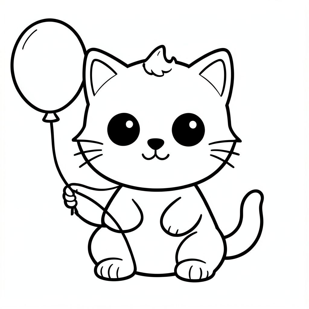 Baby cat holding a balloon string. Clear and visible holding ballon string in hand.
Kawaii baby cat character, very big round head, tiny small oval body, very short legs, small rounded paws with simple toe lines, sitting front-facing. 
Large round black eyes with a small white highlight, eyes placed wide apart. Tiny oval nose, small curved smiling mouth (slightly “w” shape), Chubby cheeks. 
3 short whiskers on each side. Small rounded triangle ears. One small curved tuft of hair centered on top of the head. Tail short and curved to the side. 
Clean, smooth, sharp edges. Very simple toddler cartoon style. Each page should feature kawaii baby cat with few extra details as per activity illustration. 
Thick bold outlines with minimal inner lines. Large open spaces for easy coloring. Simple background with very few objects only based on the activity. 
Very Few extra details as per activity, no textures, no complexity. Black and white only. No shading. No grayscale. No color. No text, words, letters, or numbers. 
Art style: bold, easy, cute, chunky.
