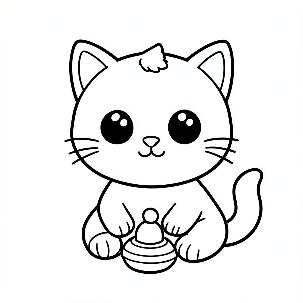Baby cat playing with a spinning top.
Kawaii baby cat character, very big round head, tiny small oval body, very short legs, small rounded paws with simple toe lines, sitting front-facing. 
Large round black eyes with a small white highlight, eyes placed wide apart. Tiny oval nose, small curved smiling mouth (slightly “w” shape), Chubby cheeks. 
3 short whiskers on each side. Small rounded triangle ears. One small curved tuft of hair centered on top of the head. Tail short and curved to the side. 
Clean, smooth, sharp edges. Very simple toddler cartoon style. Each page should feature kawaii baby cat with few extra details as per activity illustration. 
Thick bold outlines with minimal inner lines. Large open spaces for easy coloring. Simple background with very few objects only based on the activity. 
Very Few extra details as per activity, no textures, no complexity. Black and white only. No shading. No grayscale. No color. No text, words, letters, or numbers. 
Art style: bold, easy, cute, chunky.