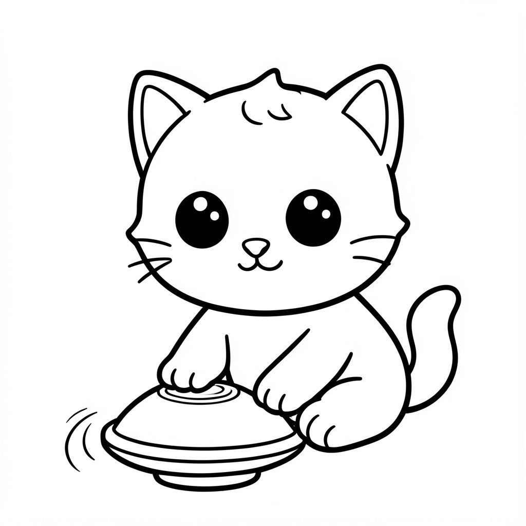 he baby cat touching a spinning top toy on the ground, the top shown with simple curved motion lines.
Kawaii baby cat character, very big round head, tiny small oval body, very short legs, small rounded paws with simple toe lines, sitting front-facing. 
Large round black eyes with a small white highlight, eyes placed wide apart. Tiny oval nose, small curved smiling mouth (slightly “w” shape), Chubby cheeks. 
3 short whiskers on each side. Small rounded triangle ears. One small curved tuft of hair centered on top of the head. Tail short and curved to the side. 
Clean, smooth, sharp edges. Very simple toddler cartoon style. Each page should feature kawaii baby cat with few extra details as per activity illustration. 
Thick bold outlines with minimal inner lines. Large open spaces for easy coloring. Simple background with very few objects only based on the activity. 
Very Few extra details as per activity, no textures, no complexity. Black and white only. No shading. No grayscale. No color. No text, words, letters, or numbers. 
Art style: bold, easy, cute, chunky.