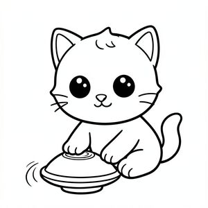 he baby cat touching a spinning top toy on the ground, the top shown with simple curved motion lines.
Kawaii baby cat character, very big round head, tiny small oval body, very short legs, small rounded paws with simple toe lines, sitting front-facing. 
Large round black eyes with a small white highlight, eyes placed wide apart. Tiny oval nose, small curved smiling mouth (slightly “w” shape), Chubby cheeks. 
3 short whiskers on each side. Small rounded triangle ears. One small curved tuft of hair centered on top of the head. Tail short and curved to the side. 
Clean, smooth, sharp edges. Very simple toddler cartoon style. Each page should feature kawaii baby cat with few extra details as per activity illustration. 
Thick bold outlines with minimal inner lines. Large open spaces for easy coloring. Simple background with very few objects only based on the activity. 
Very Few extra details as per activity, no textures, no complexity. Black and white only. No shading. No grayscale. No color. No text, words, letters, or numbers. 
Art style: bold, easy, cute, chunky.