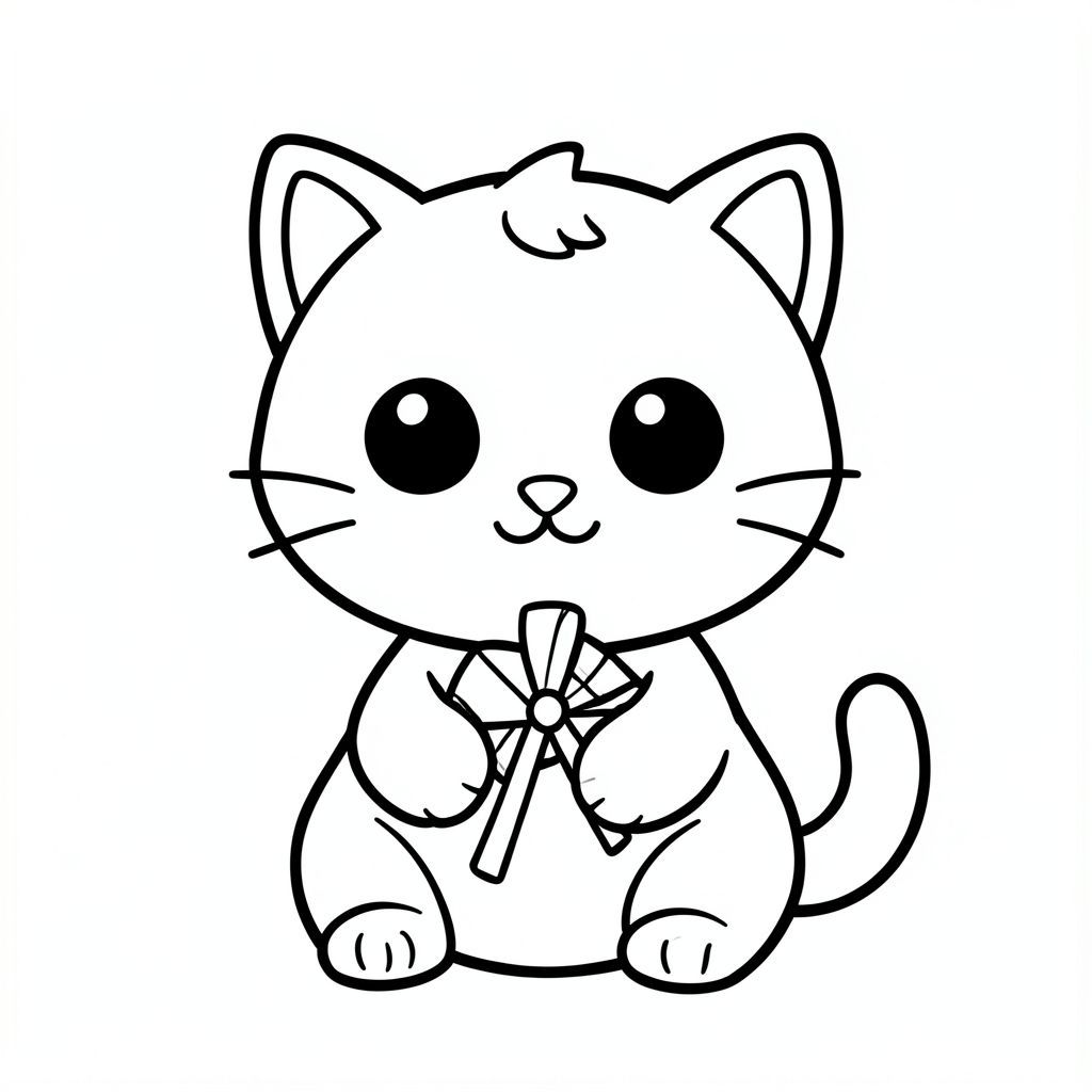 Baby cat holding a simple windmill toy.
Kawaii baby cat character, very big round head, tiny small oval body, very short legs, small rounded paws with simple toe lines, sitting front-facing. 
Large round black eyes with a small white highlight, eyes placed wide apart. Tiny oval nose, small curved smiling mouth (slightly “w” shape), Chubby cheeks. 
3 short whiskers on each side. Small rounded triangle ears. One small curved tuft of hair centered on top of the head. Tail short and curved to the side. 
Clean, smooth, sharp edges. Very simple toddler cartoon style. Each page should feature kawaii baby cat with few extra details as per activity illustration. 
Thick bold outlines with minimal inner lines. Large open spaces for easy coloring. Simple background with very few objects only based on the activity. 
Very Few extra details as per activity, no textures, no complexity. Black and white only. No shading. No grayscale. No color. No text, words, letters, or numbers. 
Art style: bold, easy, cute, chunky.