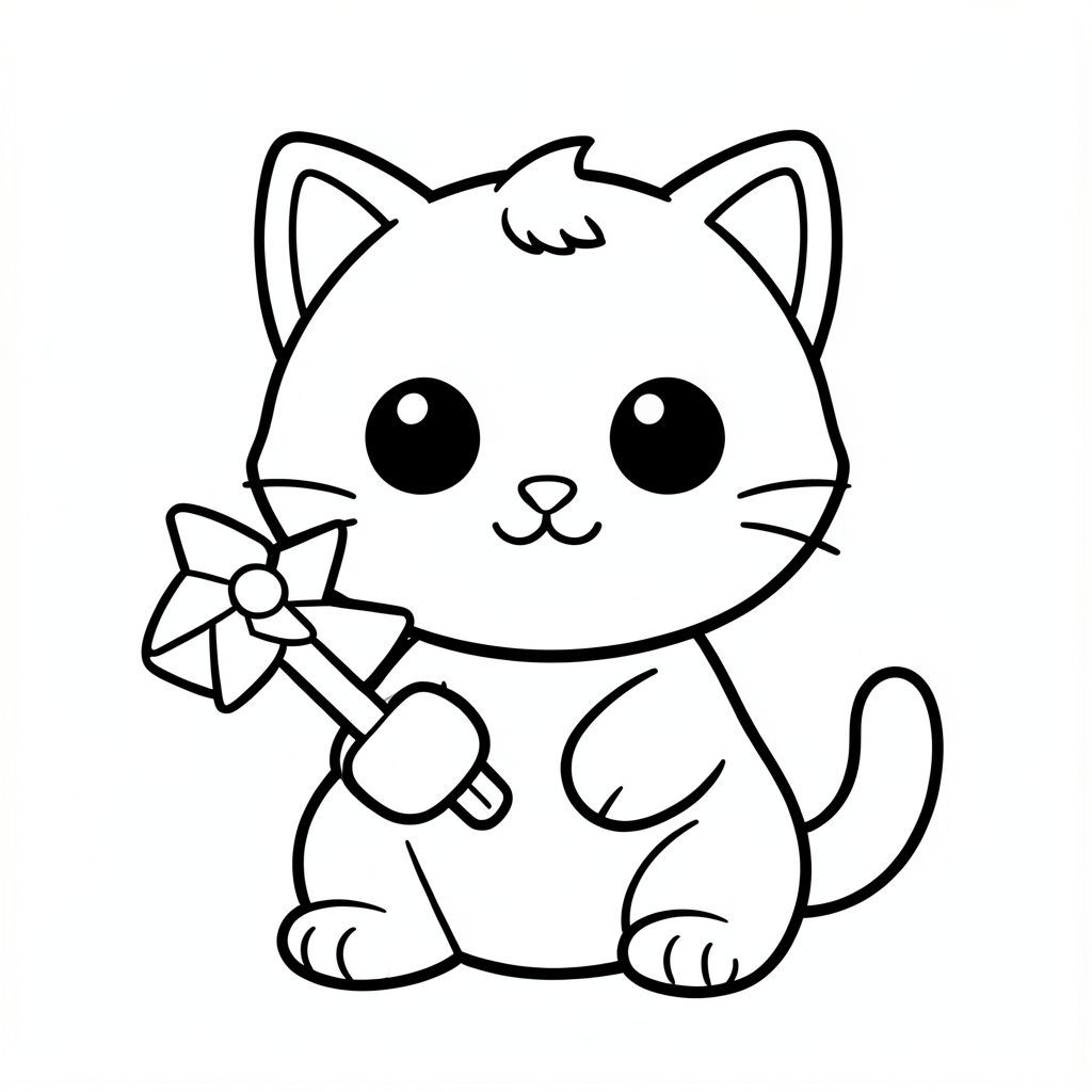 The baby cat holding a small hand windmill toy with a stick handle and a simple four-blade pinwheel shape.
Kawaii baby cat character, very big round head, tiny small oval body, very short legs, small rounded paws with simple toe lines, sitting front-facing. 
Large round black eyes with a small white highlight, eyes placed wide apart. Tiny oval nose, small curved smiling mouth (slightly “w” shape), Chubby cheeks. 
3 short whiskers on each side. Small rounded triangle ears. One small curved tuft of hair centered on top of the head. Tail short and curved to the side. 
Clean, smooth, sharp edges. Very simple toddler cartoon style. Each page should feature kawaii baby cat with few extra details as per activity illustration. 
Thick bold outlines with minimal inner lines. Large open spaces for easy coloring. Simple background with very few objects only based on the activity. 
Very Few extra details as per activity, no textures, no complexity. Black and white only. No shading. No grayscale. No color. No text, words, letters, or numbers. 
Art style: bold, easy, cute, chunky.