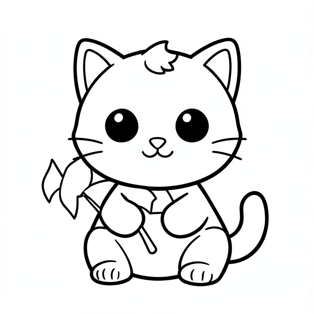 The baby cat holding a small pinwheel toy with four simple blades on a stick.
Kawaii baby cat character, very big round head, tiny small oval body, very short legs, small rounded paws with simple toe lines, sitting front-facing. 
Large round black eyes with a small white highlight, eyes placed wide apart. Tiny oval nose, small curved smiling mouth (slightly “w” shape), Chubby cheeks. 
3 short whiskers on each side. Small rounded triangle ears. One small curved tuft of hair centered on top of the head. Tail short and curved to the side. 
Clean, smooth, sharp edges. Very simple toddler cartoon style. Each page should feature kawaii baby cat with few extra details as per activity illustration. 
Thick bold outlines with minimal inner lines. Large open spaces for easy coloring. Simple background with very few objects only based on the activity. 
Very Few extra details as per activity, no textures, no complexity. Black and white only. No shading. No grayscale. No color. No text, words, letters, or numbers. 
Art style: bold, easy, cute, chunky.