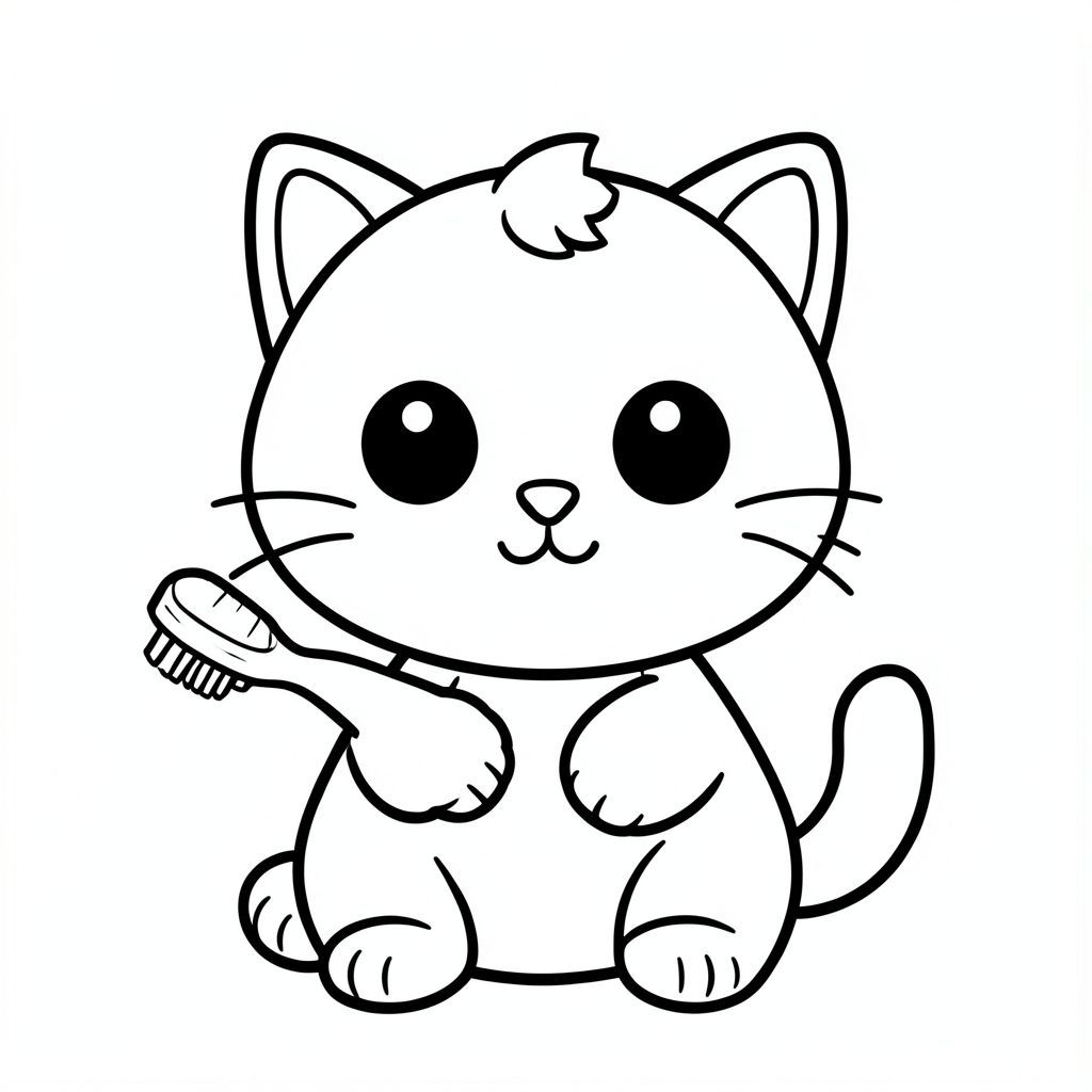 Baby cat holding a toothbrush.
Kawaii baby cat character, very big round head, tiny small oval body, very short legs, small rounded paws with simple toe lines, sitting front-facing. 
Large round black eyes with a small white highlight, eyes placed wide apart. Tiny oval nose, small curved smiling mouth (slightly “w” shape), Chubby cheeks. 
3 short whiskers on each side. Small rounded triangle ears. One small curved tuft of hair centered on top of the head. Tail short and curved to the side. 
Clean, smooth, sharp edges. Very simple toddler cartoon style. Each page should feature kawaii baby cat with few extra details as per activity illustration. 
Thick bold outlines with minimal inner lines. Large open spaces for easy coloring. Simple background with very few objects only based on the activity. 
Very Few extra details as per activity, no textures, no complexity. Black and white only. No shading. No grayscale. No color. No text, words, letters, or numbers. 
Art style: bold, easy, cute, chunky.