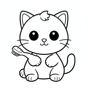 Baby cat holding a toothbrush.
Kawaii baby cat character, very big round head, tiny small oval body, very short legs, small rounded paws with simple toe lines, sitting front-facing. 
Large round black eyes with a small white highlight, eyes placed wide apart. Tiny oval nose, small curved smiling mouth (slightly “w” shape), Chubby cheeks. 
3 short whiskers on each side. Small rounded triangle ears. One small curved tuft of hair centered on top of the head. Tail short and curved to the side. 
Clean, smooth, sharp edges. Very simple toddler cartoon style. Each page should feature kawaii baby cat with few extra details as per activity illustration. 
Thick bold outlines with minimal inner lines. Large open spaces for easy coloring. Simple background with very few objects only based on the activity. 
Very Few extra details as per activity, no textures, no complexity. Black and white only. No shading. No grayscale. No color. No text, words, letters, or numbers. 
Art style: bold, easy, cute, chunky.