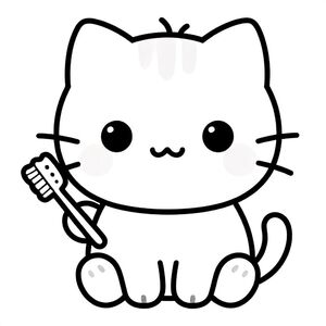 The baby cat holding a small toothbrush in one paw.
Kawaii baby cat character, very big round head, tiny small oval body, very short legs, small rounded paws with simple toe lines, sitting front-facing. 
Large round black eyes with a small white highlight, eyes placed wide apart. Tiny oval nose, small curved smiling mouth (slightly “w” shape), Chubby cheeks. 
3 short whiskers on each side. Small rounded triangle ears. One small curved tuft of hair centered on top of the head. Tail short and curved to the side. 
Clean, smooth, sharp edges. Very simple toddler cartoon style. Each page should feature kawaii baby cat with few extra details as per activity illustration. 
Thick bold outlines with minimal inner lines. Large open spaces for easy coloring. Simple background with very few objects only based on the activity. 
Very Few extra details as per activity, no textures, no complexity. Black and white only. No shading. No grayscale. No color. No text, words, letters, or numbers. 
Art style: bold, easy, cute, chunky.