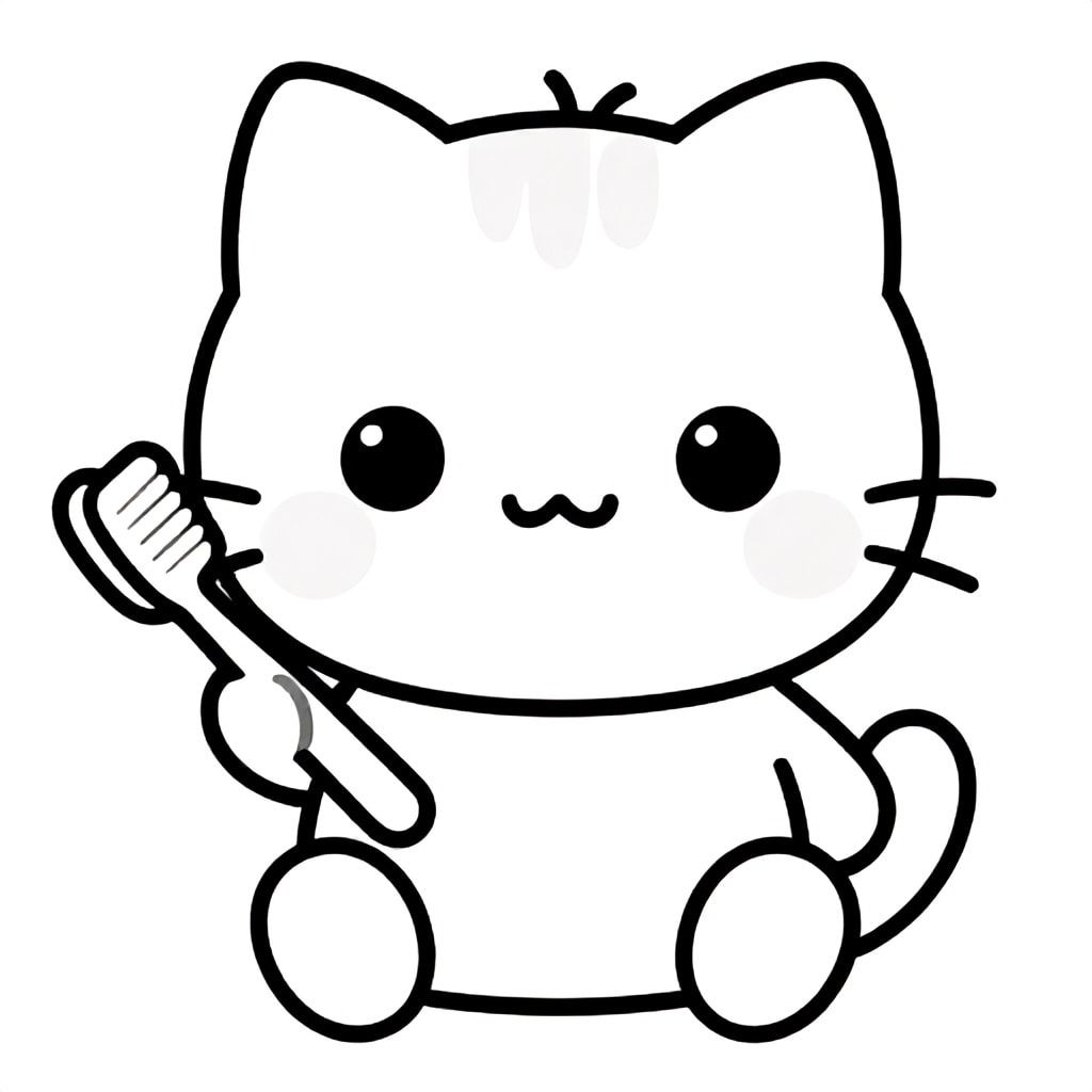 Baby cat holding a toothbrush. Toothbrush must be clear, clean and visible holding in hand.
Kawaii baby cat character, very big round head, tiny small oval body, very short legs, small rounded paws with simple toe lines, sitting front-facing. 
Large round black eyes with a small white highlight, eyes placed wide apart. Tiny oval nose, small curved smiling mouth (slightly “w” shape), Chubby cheeks. 
3 short whiskers on each side. Small rounded triangle ears. One small curved tuft of hair centered on top of the head. Tail short and curved to the side. 
Clean, smooth, sharp edges. Very simple toddler cartoon style. Each page should feature kawaii baby cat with few extra details as per activity illustration. 
Thick bold outlines with minimal inner lines. Large open spaces for easy coloring. Simple background with very few objects only based on the activity. 
Very Few extra details as per activity, no textures, no complexity. Black and white only. No shading. No grayscale. No color. No text, words, letters, or numbers. 
Art style: bold, easy, cute, chunky.