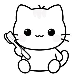 Baby cat holding a toothbrush. Toothbrush must be clear, clean and visible holding in hand.
Kawaii baby cat character, very big round head, tiny small oval body, very short legs, small rounded paws with simple toe lines, sitting front-facing. 
Large round black eyes with a small white highlight, eyes placed wide apart. Tiny oval nose, small curved smiling mouth (slightly “w” shape), Chubby cheeks. 
3 short whiskers on each side. Small rounded triangle ears. One small curved tuft of hair centered on top of the head. Tail short and curved to the side. 
Clean, smooth, sharp edges. Very simple toddler cartoon style. Each page should feature kawaii baby cat with few extra details as per activity illustration. 
Thick bold outlines with minimal inner lines. Large open spaces for easy coloring. Simple background with very few objects only based on the activity. 
Very Few extra details as per activity, no textures, no complexity. Black and white only. No shading. No grayscale. No color. No text, words, letters, or numbers. 
Art style: bold, easy, cute, chunky.