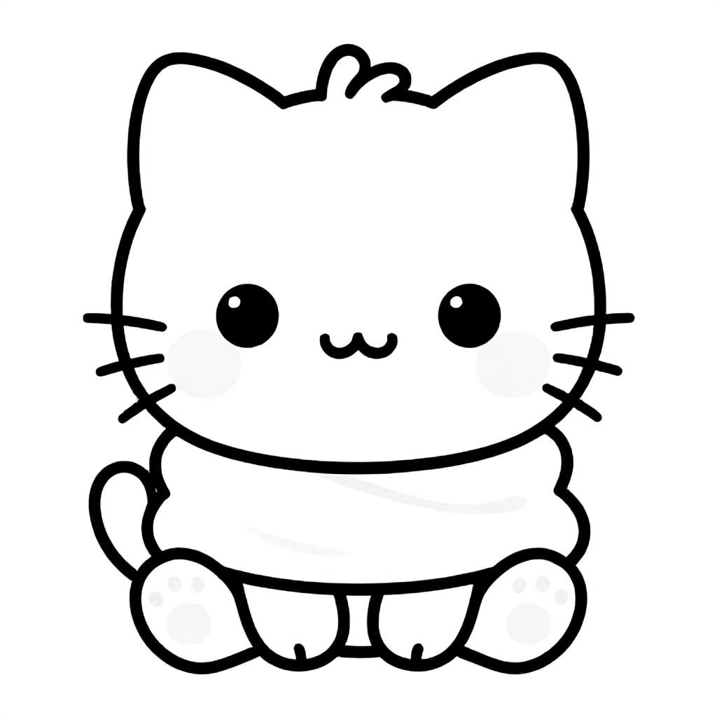 Baby cat wrapped in a towel.
Kawaii baby cat character, very big round head, tiny small oval body, very short legs, small rounded paws with simple toe lines, sitting front-facing. 
Large round black eyes with a small white highlight, eyes placed wide apart. Tiny oval nose, small curved smiling mouth (slightly “w” shape), Chubby cheeks. 
3 short whiskers on each side. Small rounded triangle ears. One small curved tuft of hair centered on top of the head. Tail short and curved to the side. 
Clean, smooth, sharp edges. Very simple toddler cartoon style. Each page should feature kawaii baby cat with few extra details as per activity illustration. 
Thick bold outlines with minimal inner lines. Large open spaces for easy coloring. Simple background with very few objects only based on the activity. 
Very Few extra details as per activity, no textures, no complexity. Black and white only. No shading. No grayscale. No color. No text, words, letters, or numbers. 
Art style: bold, easy, cute, chunky.