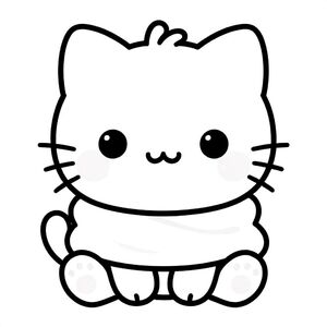 Baby cat wrapped in a towel.
Kawaii baby cat character, very big round head, tiny small oval body, very short legs, small rounded paws with simple toe lines, sitting front-facing. 
Large round black eyes with a small white highlight, eyes placed wide apart. Tiny oval nose, small curved smiling mouth (slightly “w” shape), Chubby cheeks. 
3 short whiskers on each side. Small rounded triangle ears. One small curved tuft of hair centered on top of the head. Tail short and curved to the side. 
Clean, smooth, sharp edges. Very simple toddler cartoon style. Each page should feature kawaii baby cat with few extra details as per activity illustration. 
Thick bold outlines with minimal inner lines. Large open spaces for easy coloring. Simple background with very few objects only based on the activity. 
Very Few extra details as per activity, no textures, no complexity. Black and white only. No shading. No grayscale. No color. No text, words, letters, or numbers. 
Art style: bold, easy, cute, chunky.