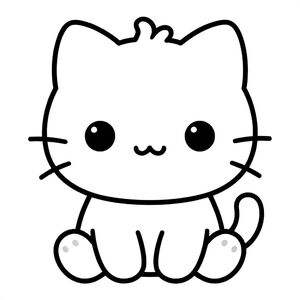 Kawaii baby cat character, very big round head, tiny small oval body, very short legs, small rounded paws with simple toe lines, sitting front-facing. 
Large round black eyes with a small white highlight, eyes placed wide apart. Tiny oval nose, small curved smiling mouth (slightly “w” shape), Chubby cheeks. 
3 short whiskers on each side. Small rounded triangle ears. One small curved tuft of hair centered on top of the head. Tail short and curved to the side. 
Clean, smooth, sharp edges. Very simple toddler cartoon style. Each page should feature kawaii baby cat with few extra details as per activity illustration. 
Thick bold outlines with minimal inner lines. Large open spaces for easy coloring. Simple background with very few objects only based on the activity. 
Very Few extra details as per activity, no textures, no complexity. Black and white only. No shading. No grayscale. No color. No text, words, letters, or numbers. 
Art style: bold, easy, cute, chunky.
"Baby cat wrapped in a towel"