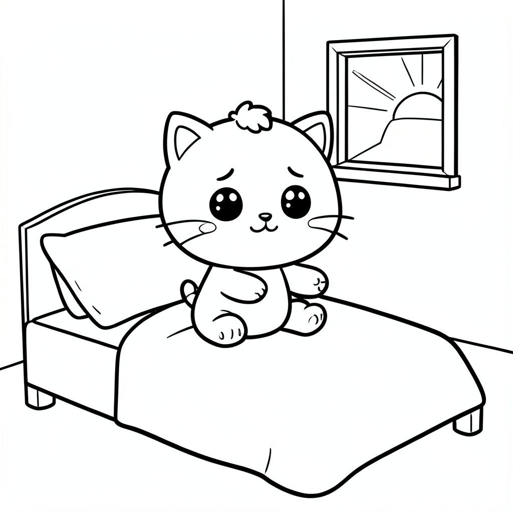 Mèo con dễ thương thức dậy trên giường vào buổi sáng, ngồi thẳng trên giường đơn giản, duỗi chân với nụ cười buồn ngủ dễ thương, đầu tròn rất to, thân hình nhỏ xíu, chân ngắn, bàn chân nhỏ, má mũm mĩm, đôi mắt to đơn giản, mũi nhỏ, hình tròn mềm mại, búi lông bồng bềnh nhỏ ở trên, chăn và gối đơn giản, nền phòng ngủ tối giản với cửa sổ nhỏ và mặt trời mọc,  Cảnh thân thiện với trẻ em
Mỗi trang nên có hình minh họa mèo con dễ thương. Các đường viền đậm, dày gọn gàng với độ dày đường nét nhất quán. Không gian mở rộng rãi để dễ dàng tô màu. Nền đơn giản với các chi tiết tối thiểu. Không đổ bóng, không thang độ xám, không màu. Không có văn bản, từ, chữ cái hoặc số. Tránh các chi tiết phức tạp hoặc thực tế. Phong cách nghệ thuật: táo bạo và dễ dàng. --AR 2:3