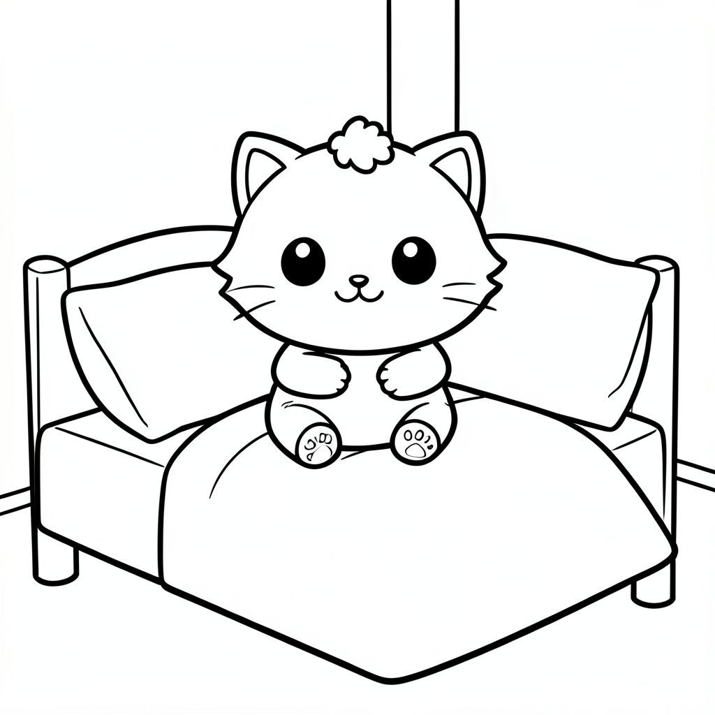 Kawaii baby cat waking up in bed in the morning, sitting upright on a simple bed, stretching its small paws with a cute smiling face, very big round head, tiny small body, short legs, small paws, large simple eyes, tiny nose, chubby cheeks, small fluffy tuft of hair on top, soft rounded shapes, simple blanket and pillow,  minimal bedroom background
Each page should feature kawaii baby cat illustration. Bold, thick clean outlines with consistent line weight. Large open spaces for easy coloring. Simple and minimal background based on the activity. No shading, no grayscale, no color. No text, words, letters, or numbers. Avoid complex or highly detailed elements. Art style: bold, easy, kid-friendly
Parameters:
--ar 2:3