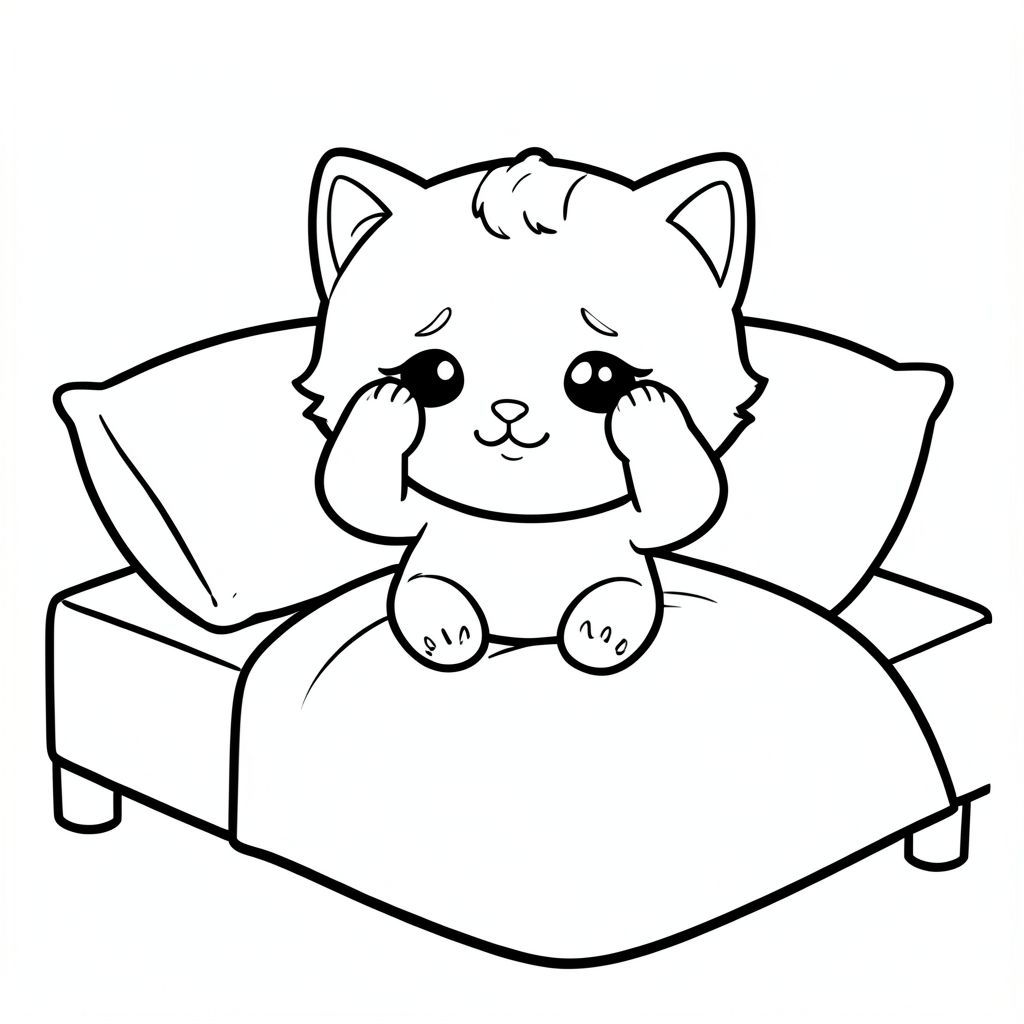 Kawaii baby cat rubbing eyes after waking up from bed, sitting on a simple bed with pillow and blanket, sleepy expression, small paws touching eyes, very big round head, tiny small body, short legs, cute smiling face, tiny nose, chubby cheeks, large simple eyes, soft rounded shapes, no sharp edges.
Each page should feature kawaii baby cat illustration. Bold, thick outlines with consistent line weight. Large open spaces for easy coloring. Simple minimal background (just bed and pillow). Clean outline only. No shading, no grayscale, no color, no extra details. No text, letters, or numbers. Avoid complexity. Style suitable for kids aged 3–6 years.
--ar 2:3