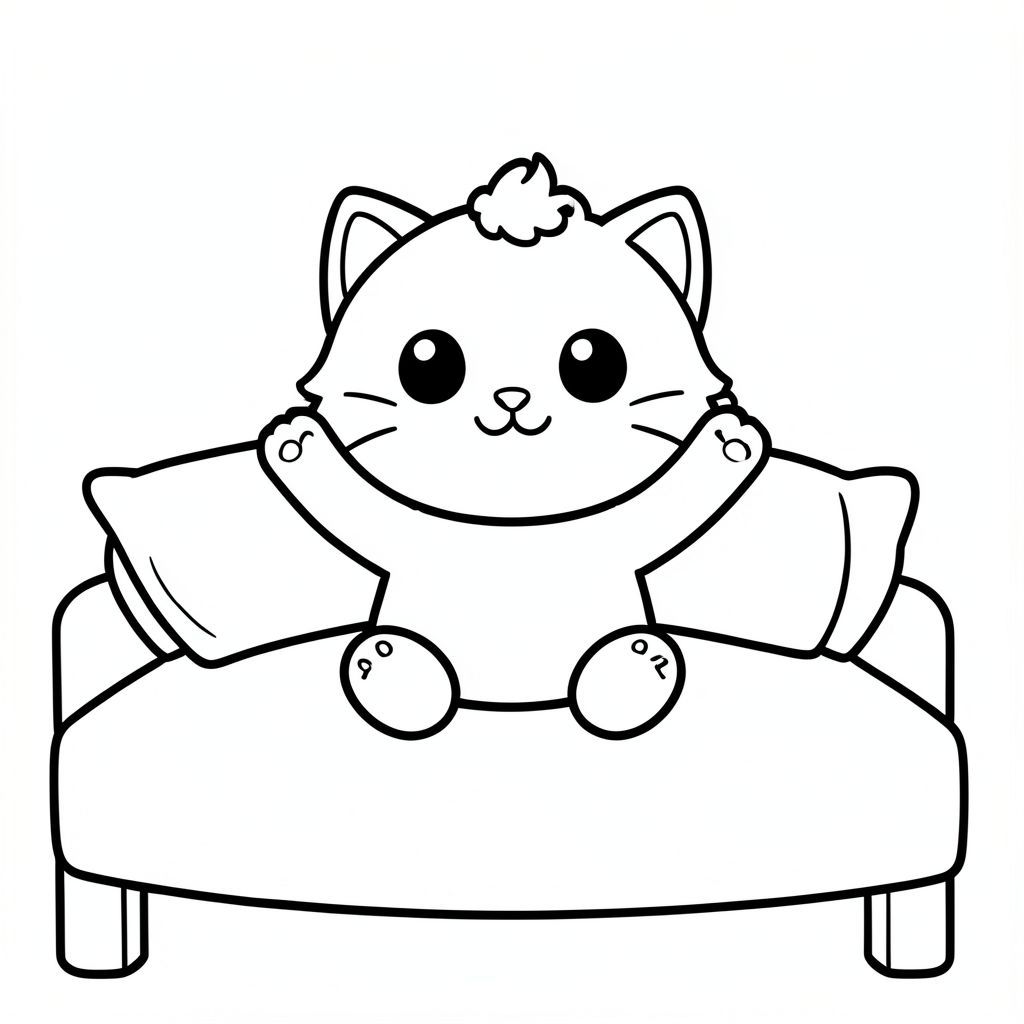 Kawaii baby cat stretching arms up after waking up from bed, sitting on a simple bed, big round head, tiny small body, short legs, small paws raised upward, cute smiling face, large simple eyes, tiny nose, chubby cheeks, soft rounded shapes, small fluffy tuft of hair on top, simple short whiskers, front-facing, centered composition.
Each page should feature kawaii baby cat illustration. Bold, thick clean outlines with consistent line weight. Large open spaces for easy coloring. Simple minimal background (just bed and small pillow). No shading, no grayscale, no color, no textures, no extra details. No text, words, letters, or numbers. Avoid complexity. Art style: bold and easy for kids aged 3–6 years.
--ar 2:3