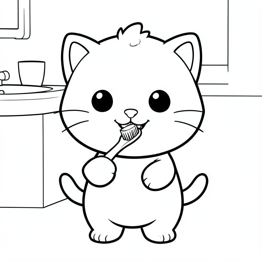 Kawaii baby cat brushing teeth with a simple toothbrush after waking up, standing in front view, smiling happily. Very big round head, tiny small body, short legs, small paws, large simple eyes, tiny nose, chubby cheeks, soft rounded shapes, small fluffy tuft of hair on top, short whiskers.
Each page should feature kawaii baby cat illustration. Bold, thick outlines with consistent line weight. Clean clear outline, large open spaces for easy coloring. Very simple background (minimal bathroom elements like a sink or cup). No shading, no grayscale, no color, no extra details, no complexity. No text, words, letters, or numbers. Kid-friendly for ages 3 to 6.
--ar 2:3