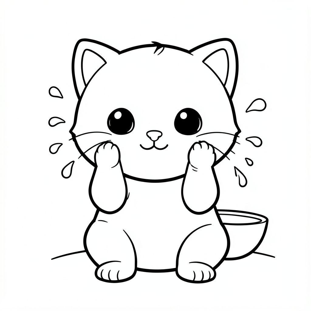 Kawaii baby cat washing its face with small splashes of water, sitting front-facing, big round head, tiny body, short legs, small paws gently touching face, cute smiling expression, tiny nose, chubby cheeks, simple large eyes, soft rounded shapes, small water drops around face, minimal simple background (small water bowl or sink).
Bold thick clean outlines, consistent line weight, large open spaces for easy coloring, very simple design for kids age 3–6, no shading, no grayscale, no color, no extra details, no text, no complexity, black and white line art, coloring book style --ar 2:3