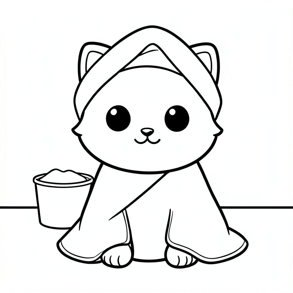Baby cat wrapped in a soft towel after bath, sitting front-facing with a cute smiling expression, towel wrapped around body and a small towel on head, simple and adorable pose, minimal bathroom background (just a small soap or bucket),
Kawaii baby cat character, very big round head, tiny small body, short legs, small paws, large simple eyes, tiny nose, chubby cheeks, soft rounded shapes, no sharp edges,
Each page should feature kawaii baby cat illustration, bold thick clean outlines with consistent line weight, large open spaces for easy coloring, very simple background,
No shading, no grayscale, no color, no complex details, no text, no words, no letters, no numbers,
Art style: bold, easy, minimal, kid-friendly coloring book style
--ar 2:3