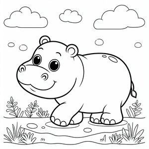 Một con hà mã hoạt hình đứng trên cỏ 4