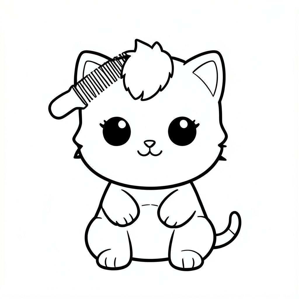 Kawaii baby cat combing its hair using a simple comb, sitting front-facing, very big round head, tiny small body, short legs, small paws, large simple eyes, cute smiling face, tiny nose, chubby cheeks, small fluffy tuft of hair on top, rounded soft shapes, no sharp edges, simple and clear pose, minimal background (just a small mirror or empty space),  centered composition.
Each page should feature kawaii baby cat illustration.
Bold, thick clean outlines with consistent line weight.
Large open spaces for easy coloring.
Very simple design for kids aged 3 to 6 years.
No shading, no grayscale, no color, no textures.
No extra details, no complex elements.
No text, words, letters, or numbers.
--ar 2:3