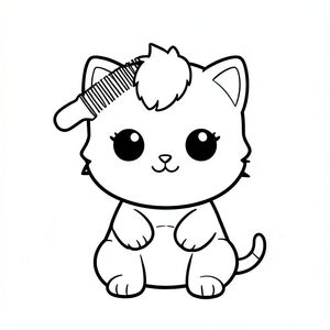 Kawaii baby cat combing its hair using a simple comb, sitting front-facing, very big round head, tiny small body, short legs, small paws, large simple eyes, cute smiling face, tiny nose, chubby cheeks, small fluffy tuft of hair on top, rounded soft shapes, no sharp edges, simple and clear pose, minimal background (just a small mirror or empty space),  centered composition.
Each page should feature kawaii baby cat illustration.
Bold, thick clean outlines with consistent line weight.
Large open spaces for easy coloring.
Very simple design for kids aged 3 to 6 years.
No shading, no grayscale, no color, no textures.
No extra details, no complex elements.
No text, words, letters, or numbers.
--ar 2:3