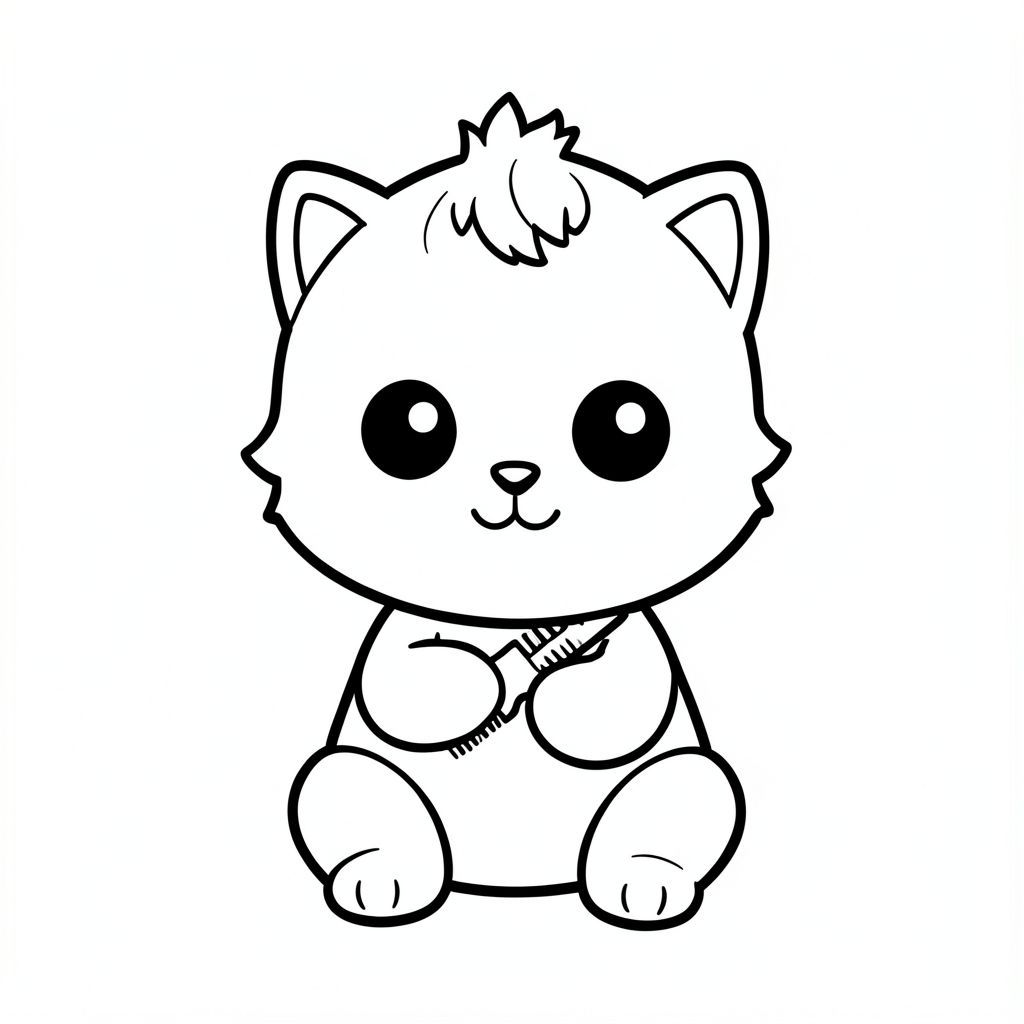 Kawaii baby cat combing its hair using a simple comb with right hand, holding comb in hand, sitting front-facing, very big round head, tiny small body, short legs, small paws, large simple eyes, cute smiling face, tiny nose, chubby cheeks, small fluffy tuft of hair on top, rounded soft shapes, no sharp edges, simple and clear pose,  minimal background (just a small mirror or empty space), centered composition.
Each page should feature kawaii baby cat illustration.
Bold, thick clean outlines with consistent line weight.
Large open spaces for easy coloring.
Very simple design for kids aged 3 to 6 years.
No shading, no grayscale, no color, no textures.
No extra details, no complex elements.
No text, words, letters, or numbers.
--ar 2:3